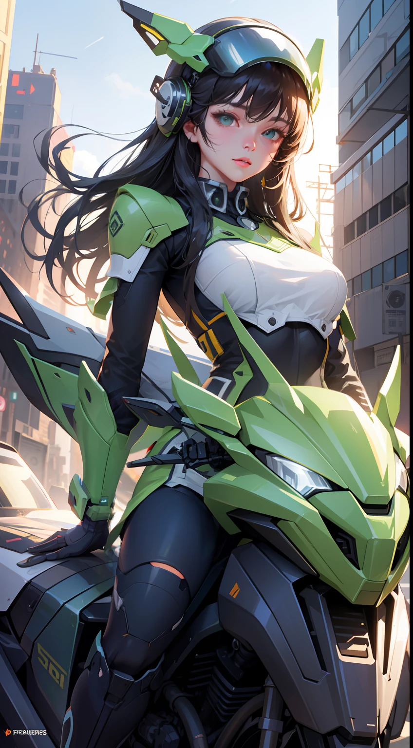 Highest image quality, outstanding details, ultra-high resolution, (realism: 1.4), the best illustration, favor details, highly condensed 1girl, with a delicate and beautiful face, dressed in a black and green mecha, wearing a mecha helmet, holding a directional controller, riding on a motorcycle, the background is a high-tech lighting scene of the future city.