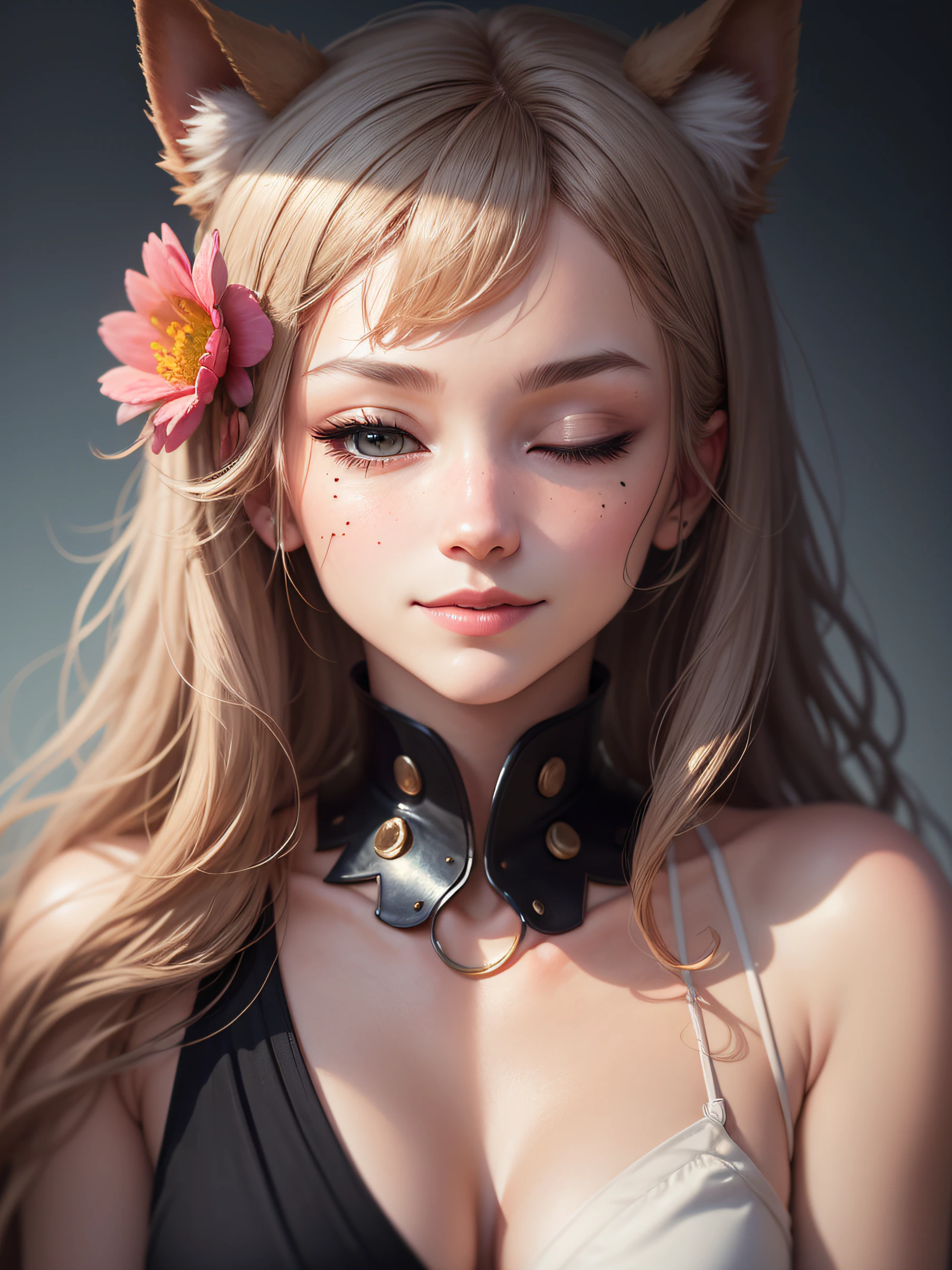 wince, longeyelashes, solid circle eyes, light smile, ear blush, messy hair, flower on head, mole under eye, one eye closed, animal ears, unconscious, Surrealism, drop shadow, anaglyph, tachi-e, pov, atmospheric perspective, anime, reflection light, tachi-e, close-up, super detail, ccurate, best quality, 8k, textured skin --auto