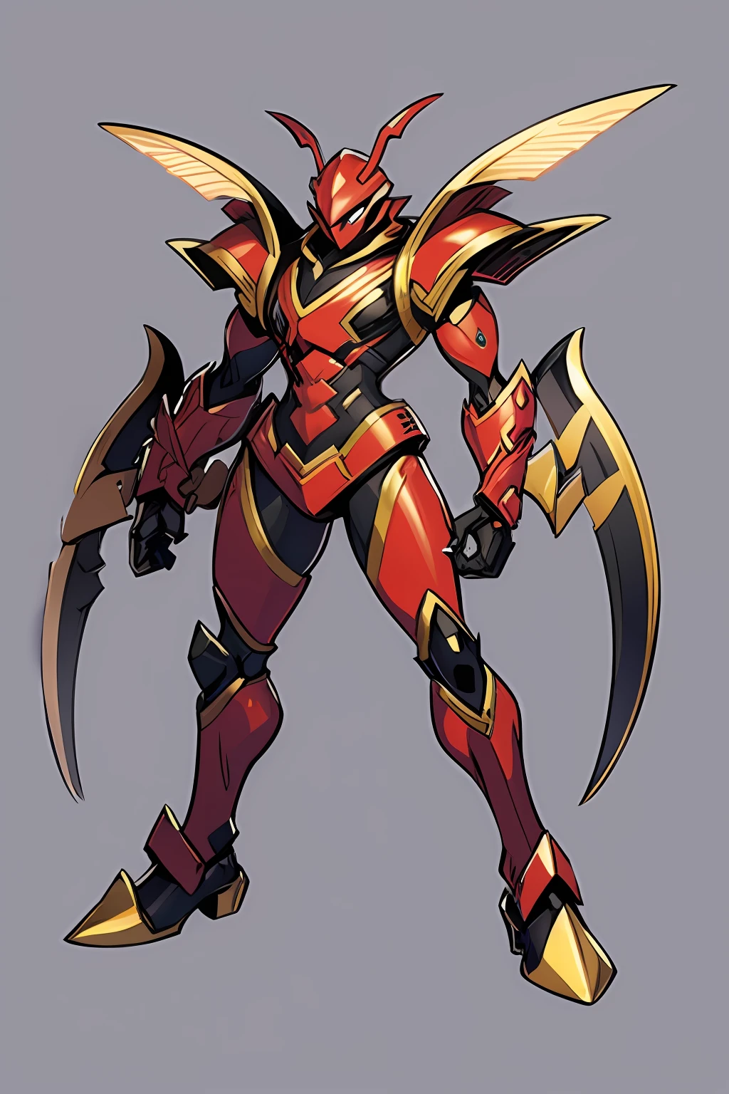 Solo, red humanoid beetle, black eyes, frontal, full-length, looking at viewer, weapon, standing pose, simple background, three-dimensional light, detailed full-body concept, sleek digital concept art, beautiful full-body concept art, art trend, CGsociety full-length, white background, simple background, no humans, digimon