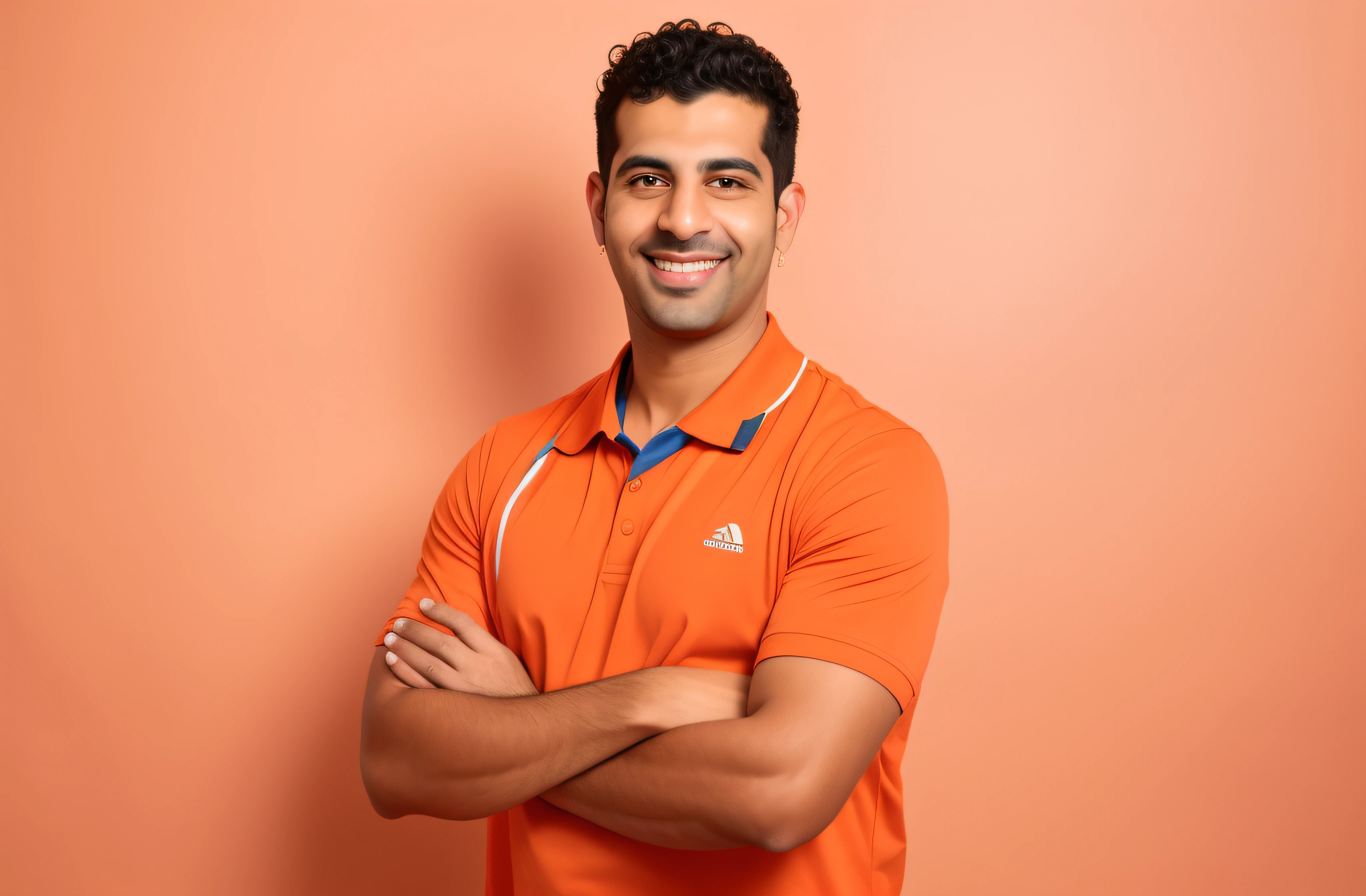 arafed man in an orange shirt and blue tie standing with his arms crossed, amr elshamy, professional profile photo, portrait of danny gonzalez, wearing an orange t-shirt, caio santos, professional profile picture, sam nassour, wearing an orange t shirt, joel torres, professional portrait, in front of an orange background, daniel mirante, andrew gonzalez