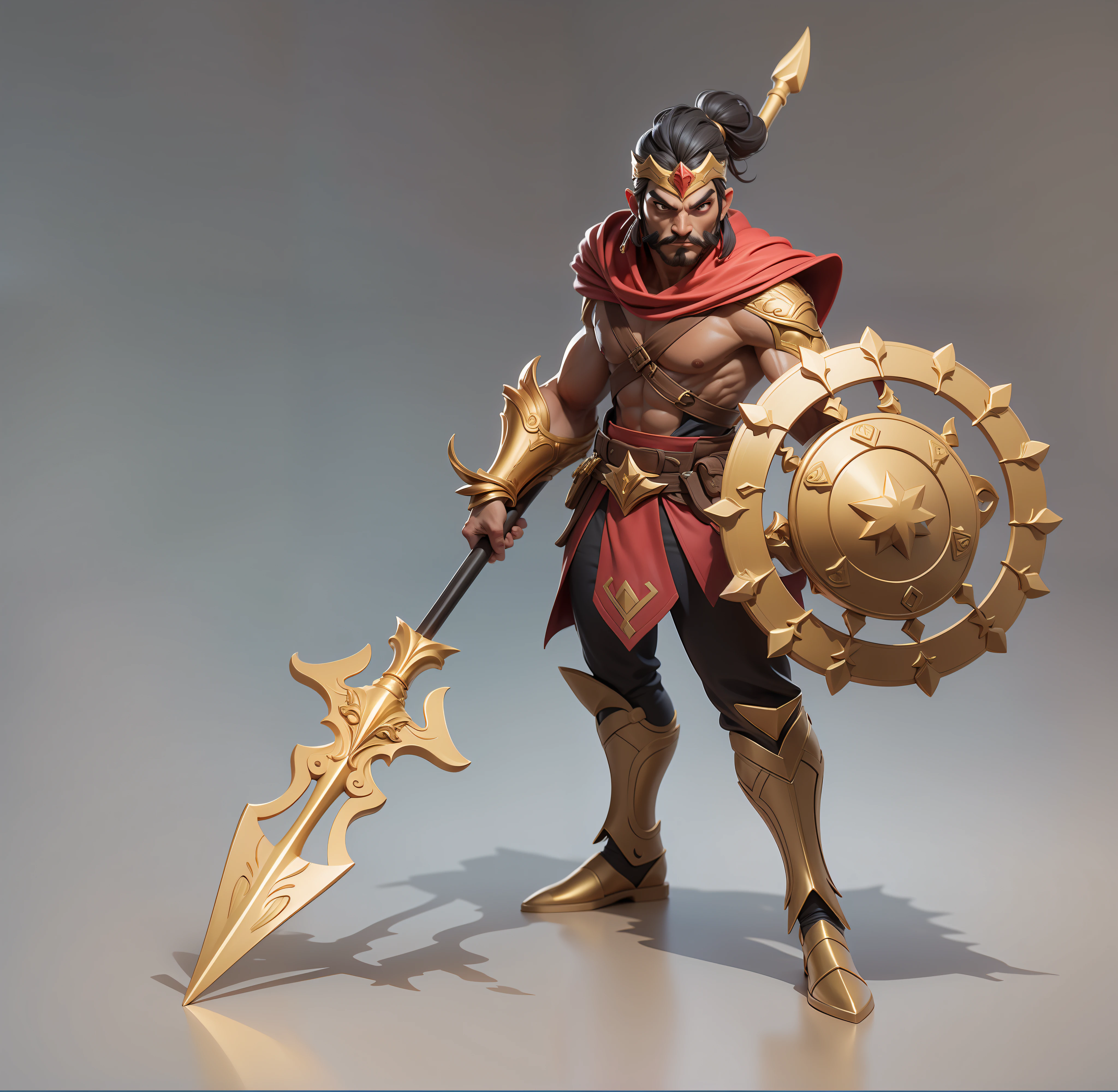 Male Burmese Warrior, ancient headband, red cape, golden javelin, golden shield, super details, detailed face, looking to the camera, detailed javelin, mustache