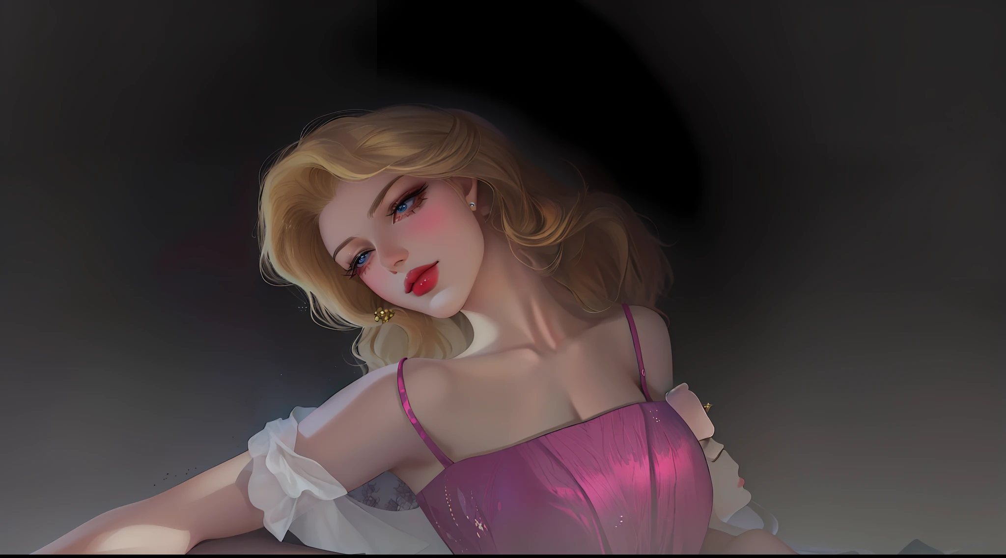 there is a woman with a pink dress posing for a picture, glamor profile pose, modeled in poser, render of april, inspired by Marilyn Bendell, retro pinup model, digital art of an elegant, inspired by Cindy Sherman, render of mirabel madrigal, inspired by Horst Antes, inspired by Lucette Barker, pinup model, young blonde woman, beautiful screenshot