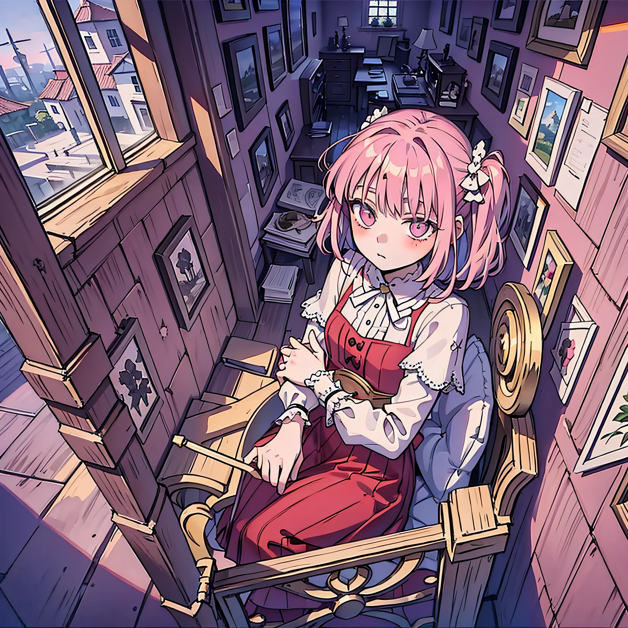 Pink hair, antique style, looking out in the attic, girl, expressionless, paintings on the walls, wearing a Lolita skirt, windmills and scenery outside the window, flat floor, clear chairs of wood