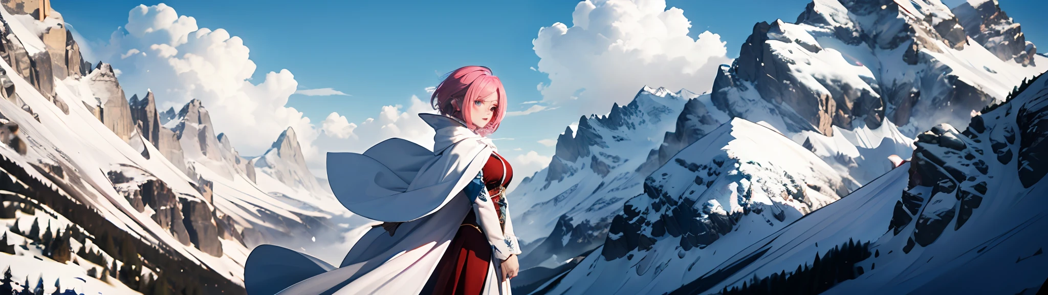 "(Ultra High Quality),(Ultra High Definition),(Superb Masterpiece),(Elf Woman with Beautiful Pink Bob Hair: 1.3)", 158cm Tall, (White Cloak: 1.2), Beautiful Eyes, ((View) Alpine Peak)", Long Shot
