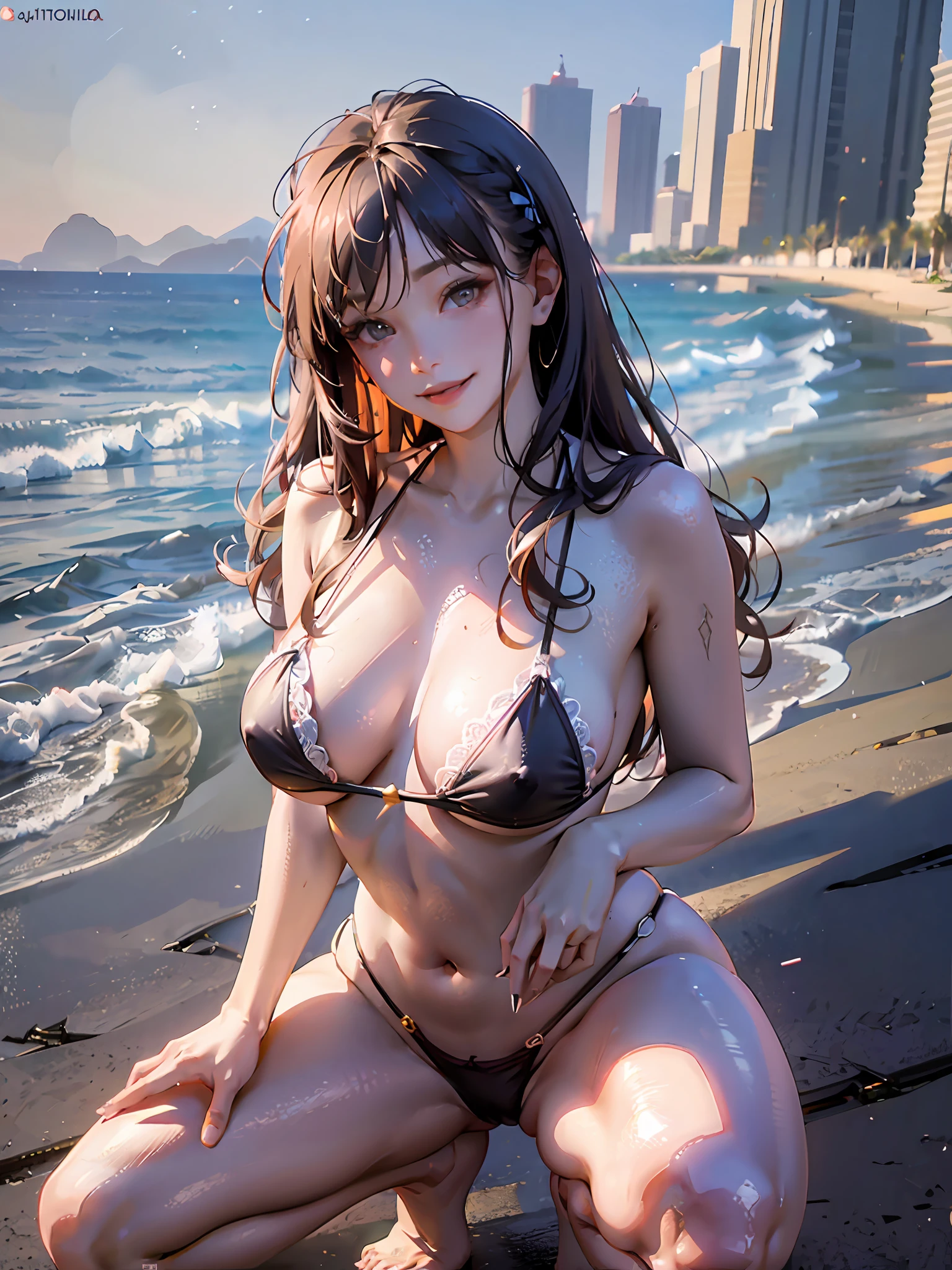 (8k), ultra-realistic, high detail, ((full body woman in bikini squatting down)), smiling woman, brunette goddess, sexy delicate lace bikini, angela white, sexy girl, brunette hair, sexy bikini, stunning views, tease, very sexy, sexy and attractive, sexy look, gorgeous brunette hair, big, very sexy costumes that stand out in a bikini