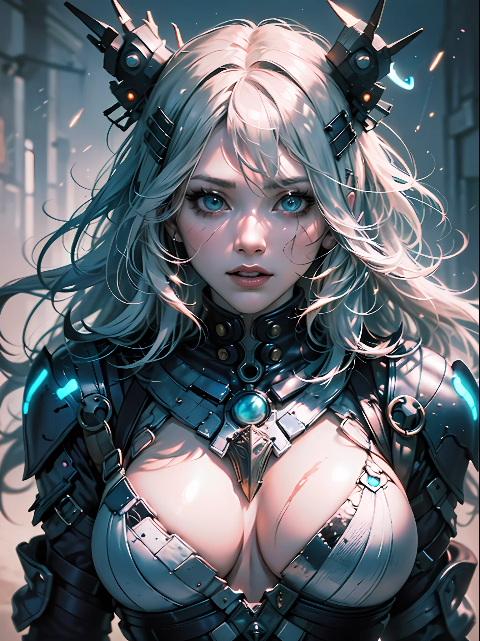 (((Top Quality: 1.4))), (Concept Art by Alberto Seveso),(Unparalleled Masterpiece), (Ultra High Definition),(Ultra-Realistic 8k CG), (Action Pose: 1.4), (Dark Shot: 1.4), female warrior, stunningly bewitching ,luminism, (muscular body:1.4),(magic mysterious background, fireflies, glowing particles, ethereal fog, faint darkness), wind-effect,, highly detailed Silver Breastplate, Shoulder Armor, 8 life size, thicc body, messy hair:1.2,fractal isometrics details bioluminescence , heavy makeup, hype realistic cover photo awesome full color,(Cinematic, (hyper detail: 1.2),frame the head, adds depth to images with backlight effect,, perfect anatomy,