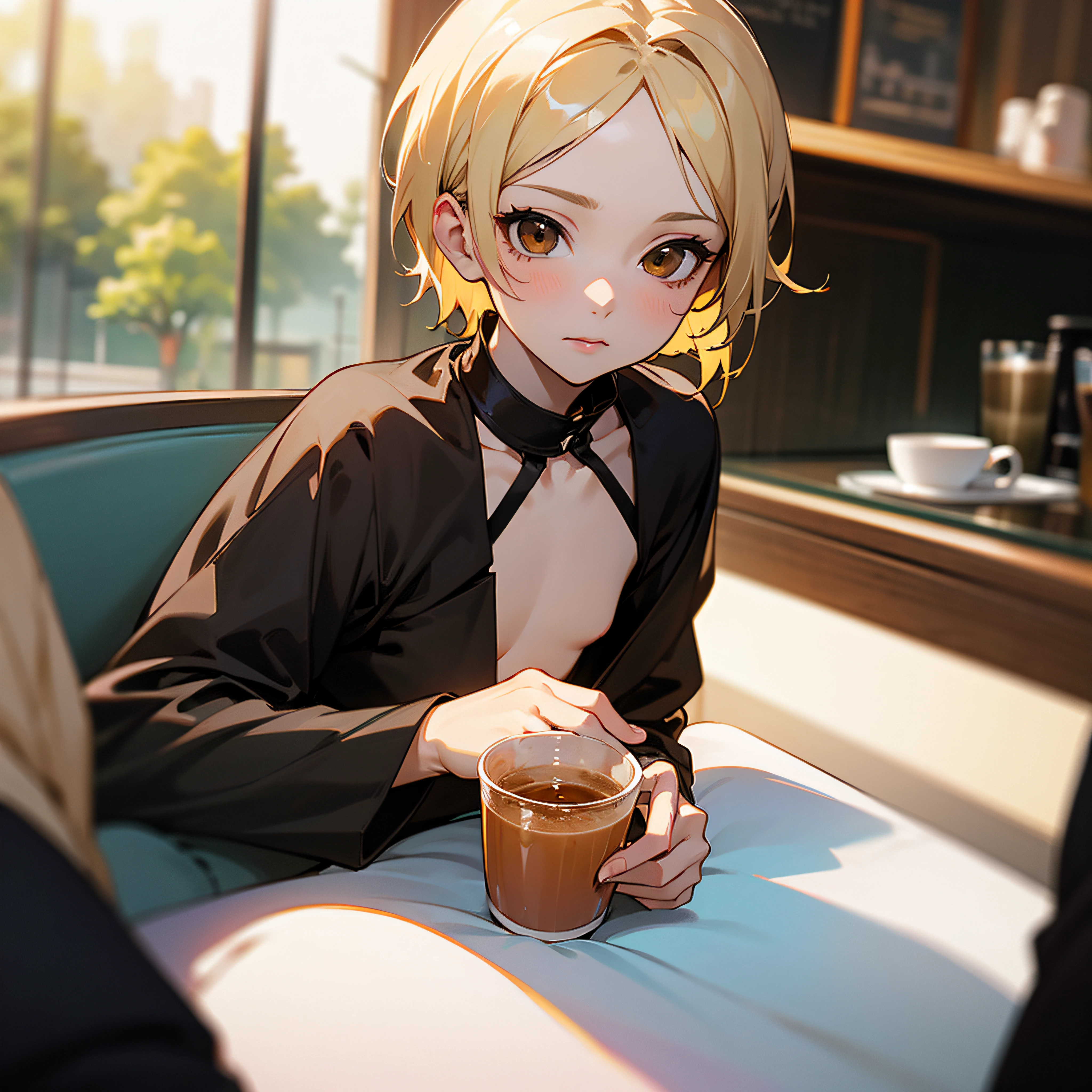 A girl holding a cup of tea at a cafe, anime, ultra realistic image, sfw, flat chest, short blonde hair, brown eyes --auto
