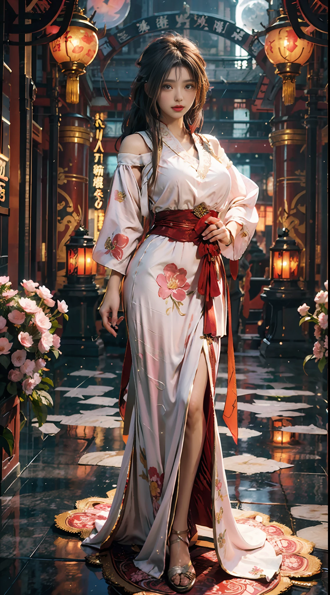 The art depicts a charming woman dressed in a flowing, silky traditional oriental dress, pink, decorated with intricate patterns and bright colors. Her dress drapes elegantly over her curvy figure, accentuating her seductive silhouette. She stands gracefully by the tranquil lotus lake, bathed in the soft glow of the moonlight.