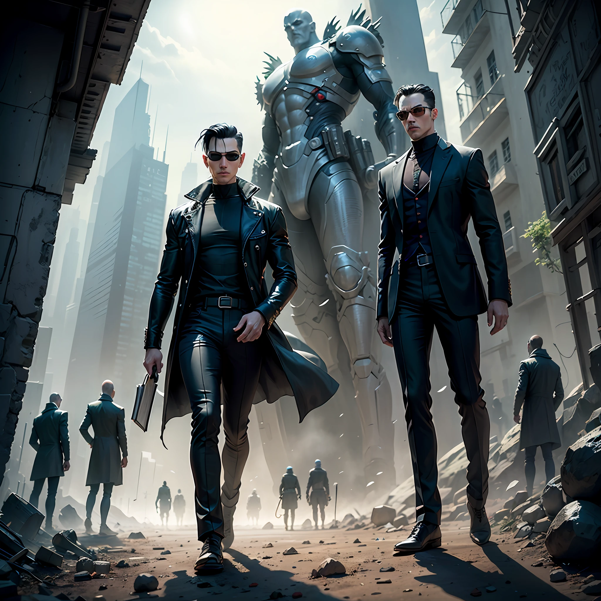 Neo of the matrix with a book in his hand, in the book is written Enoch on a mountain of sentinels --auto