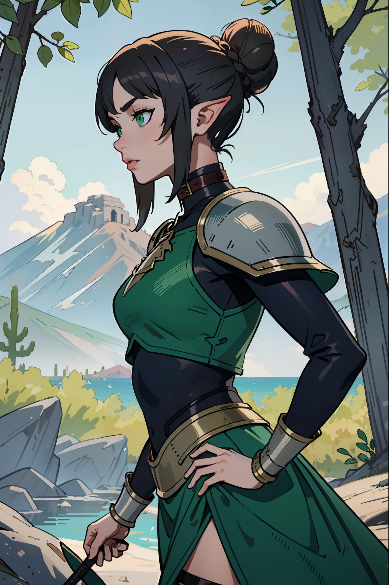 (masterpiece, best_quality, ultra-detailed, immaculate: 1.3), epic, illustration, elf mountain desert warrior lord, armor, dark hair, ((colored hair)), very long hair, in a lush spring forest, bombshell hair, bright slate gray hair with green sea highlights, Bob Flapper, hair bun