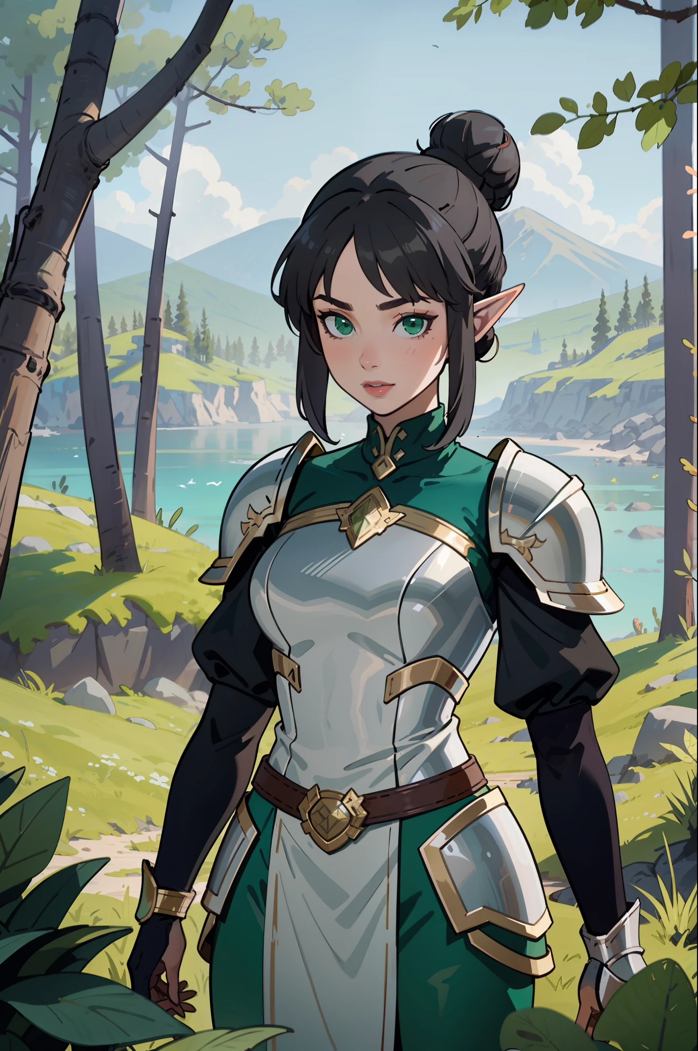 (masterpiece, best_quality, ultra-detailed, immaculate: 1.3), epic, illustration, elf mountain desert warrior lord, armor, dark hair, ((colored hair)), very long hair, in a lush spring forest, bombshell hair, bright slate gray hair with green sea highlights, Bob Flapper, hair bun