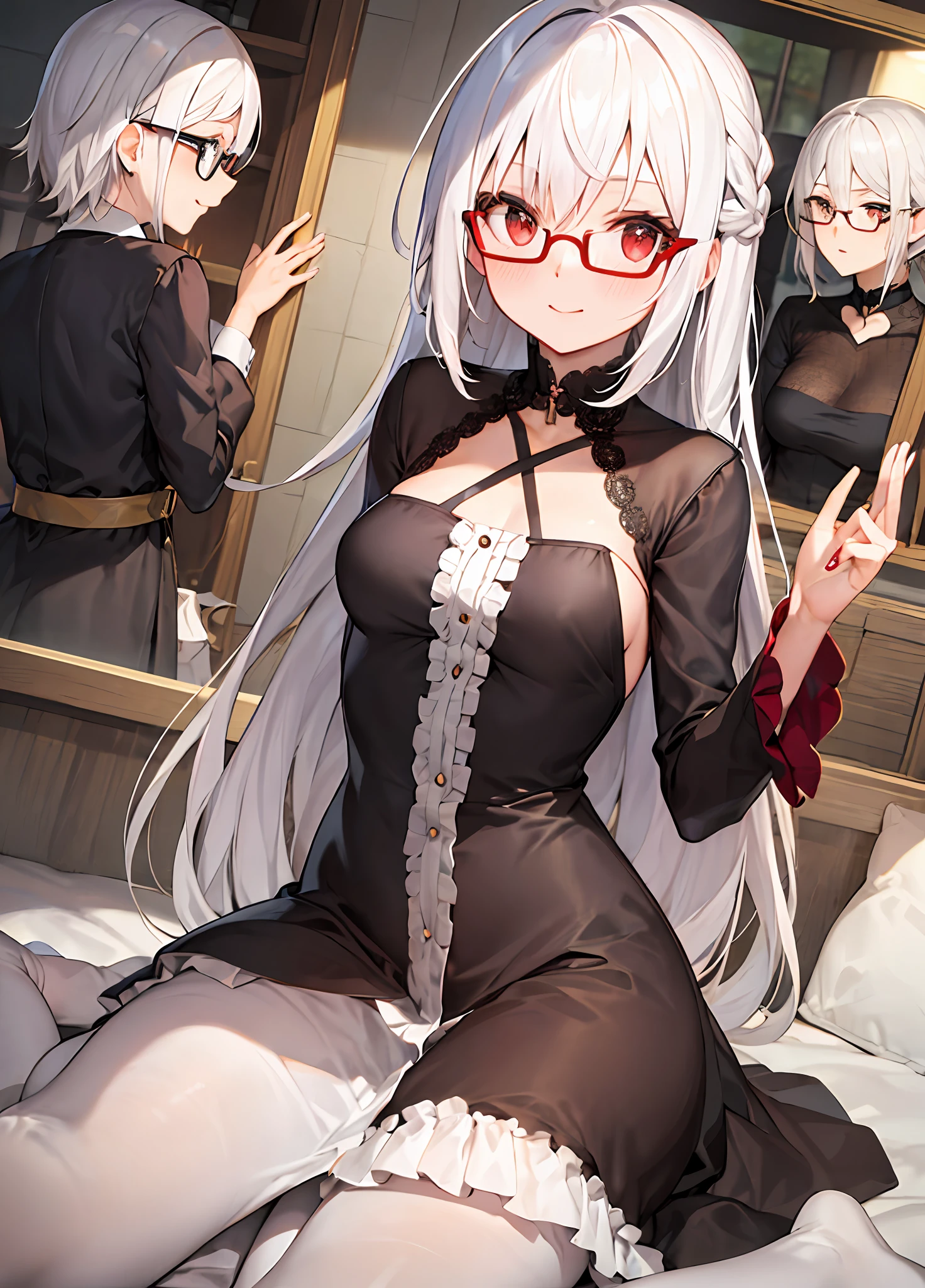 dress, beauty, glasses, white hair, red eyes, anime