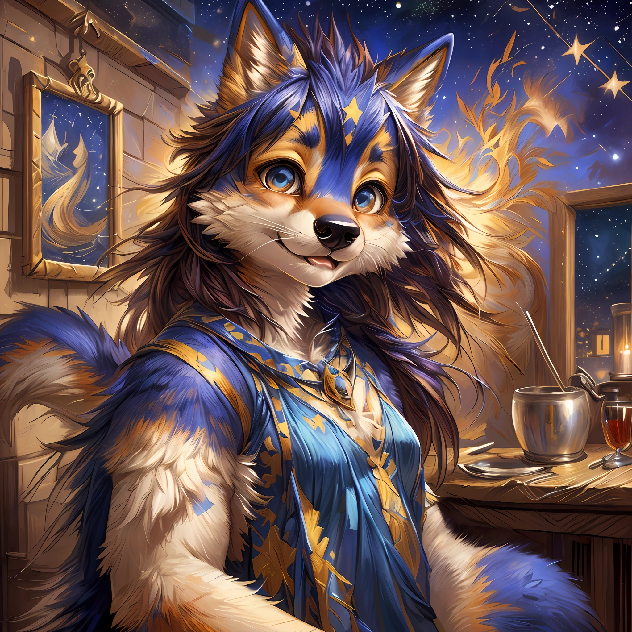 High-quality illustrations, The Starry Night by Pablo Ruiz Picasso, by Johannes Vermeer(highly detailed beautiful face and eyes)absurdres, perfect anatomy(angelic cute 1girl, kemono, solo focus)(furry)(furry anthro:1.7)(Furry body, dog facial features, dog body features)(very detailed body fur)full body, dynamic pose,