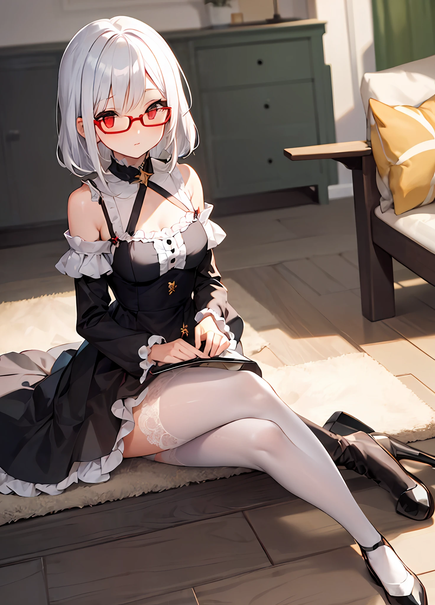 dress, beauty, glasses, white hair, red eyes, anime