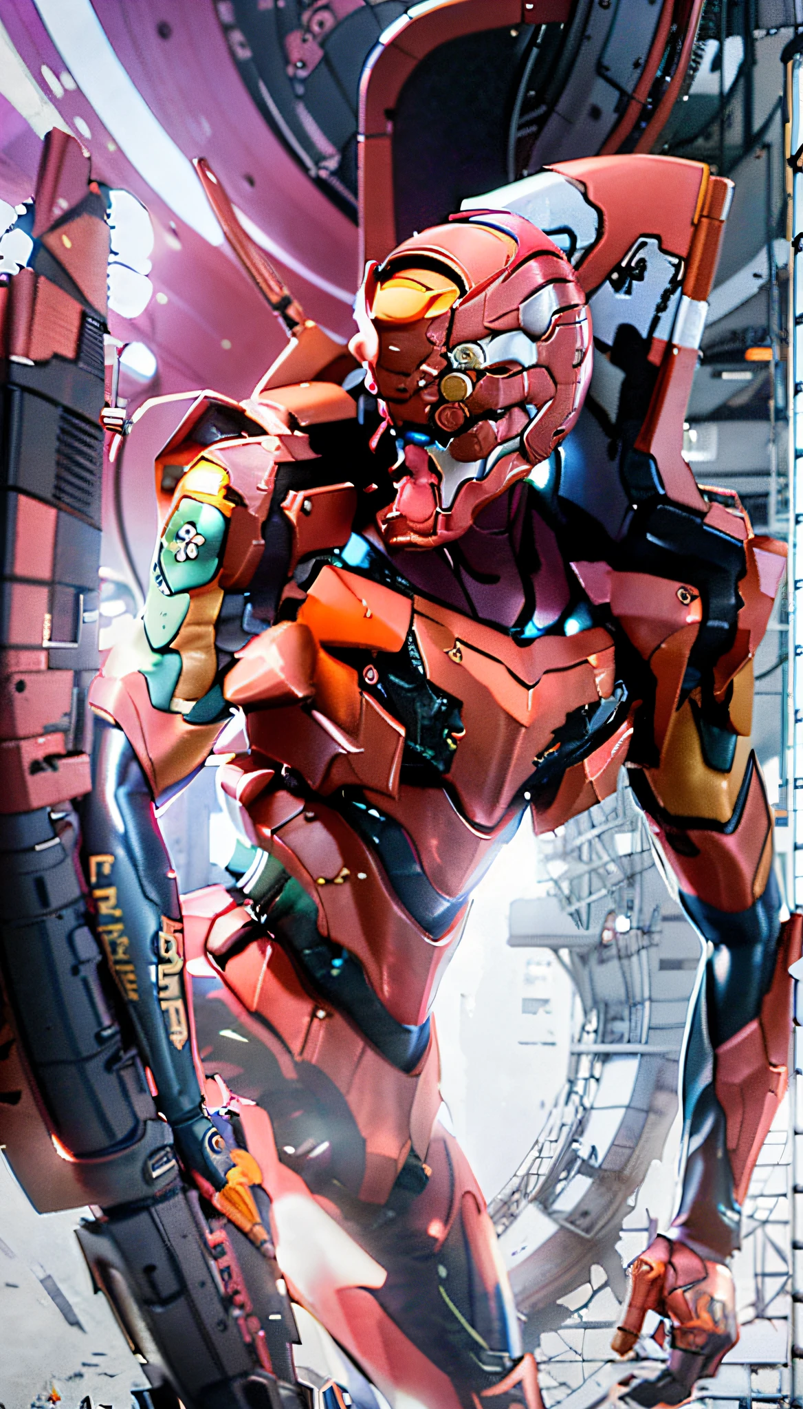 (Eva 02), God Eva, Evangelion Mecha, Science Fiction, Looking at the Audience, 3d Rendering, (Official Art, Best Quality, Masterpiece: 1.2), Illustration, High Resolution, Beautiful Abstract Background, Futurism, Cyberpunk, Intense Angle,