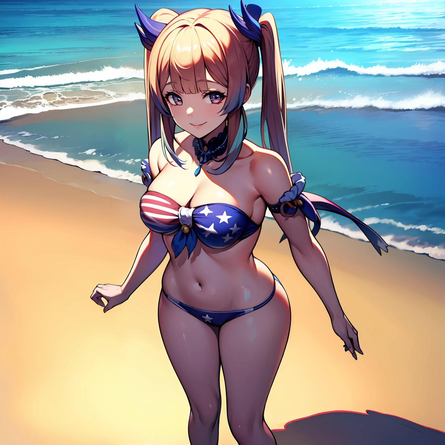 masterpiece, top quality, high resolution, nm1, swimsuit, American flag bikini, poop hat, twin tails, standing, smiling, beach