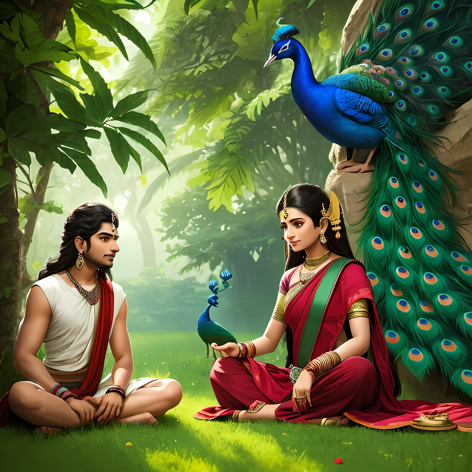 "Playful depiction of a youthful Lord Shiva sitting amidst lush green grass and interacting with a peacock." --auto