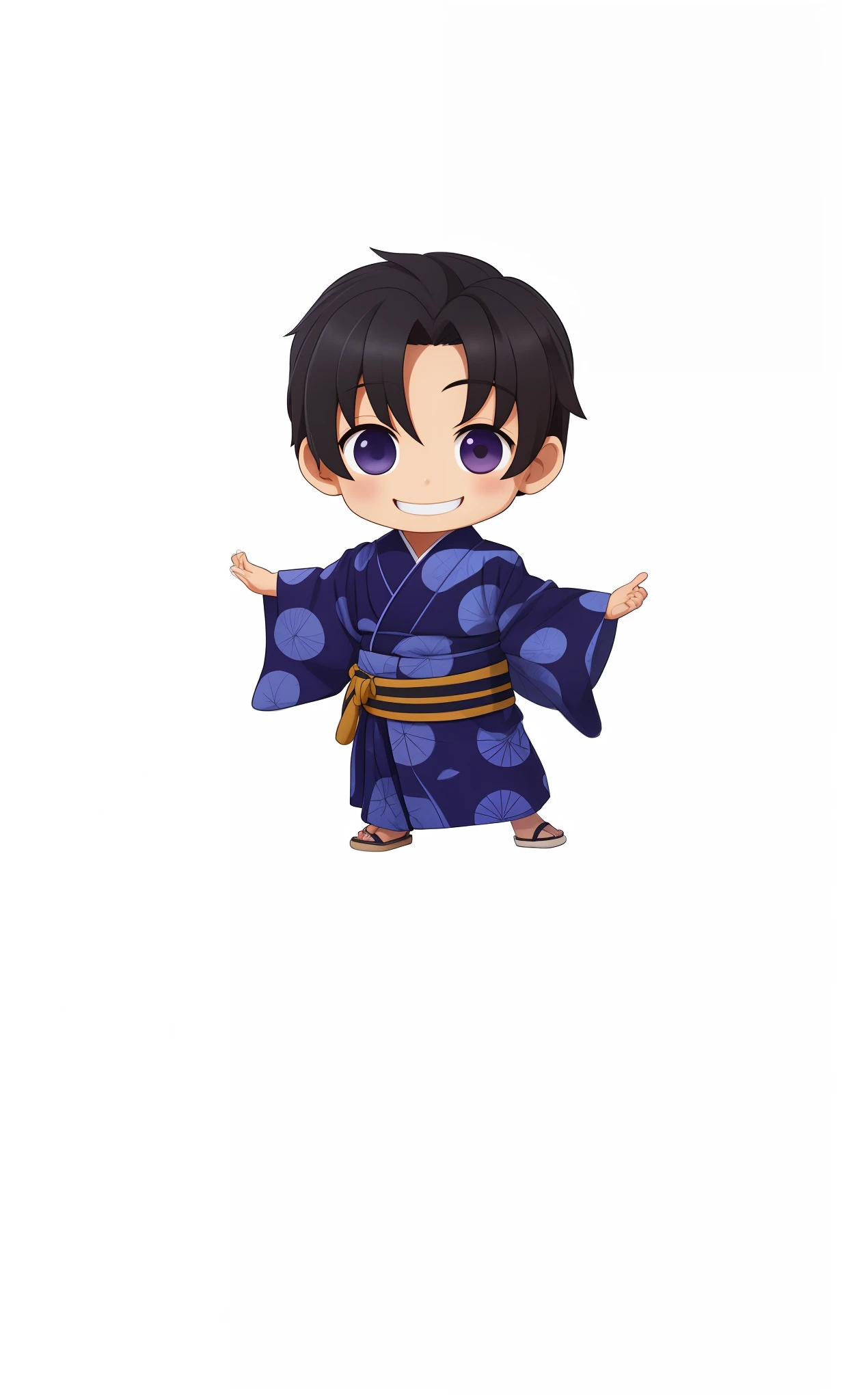 1 boy, kamado_tanjirou, black hair, messy hair, brown eyes, chibi, 3d cartoon, close-up, yukata, smiling happily