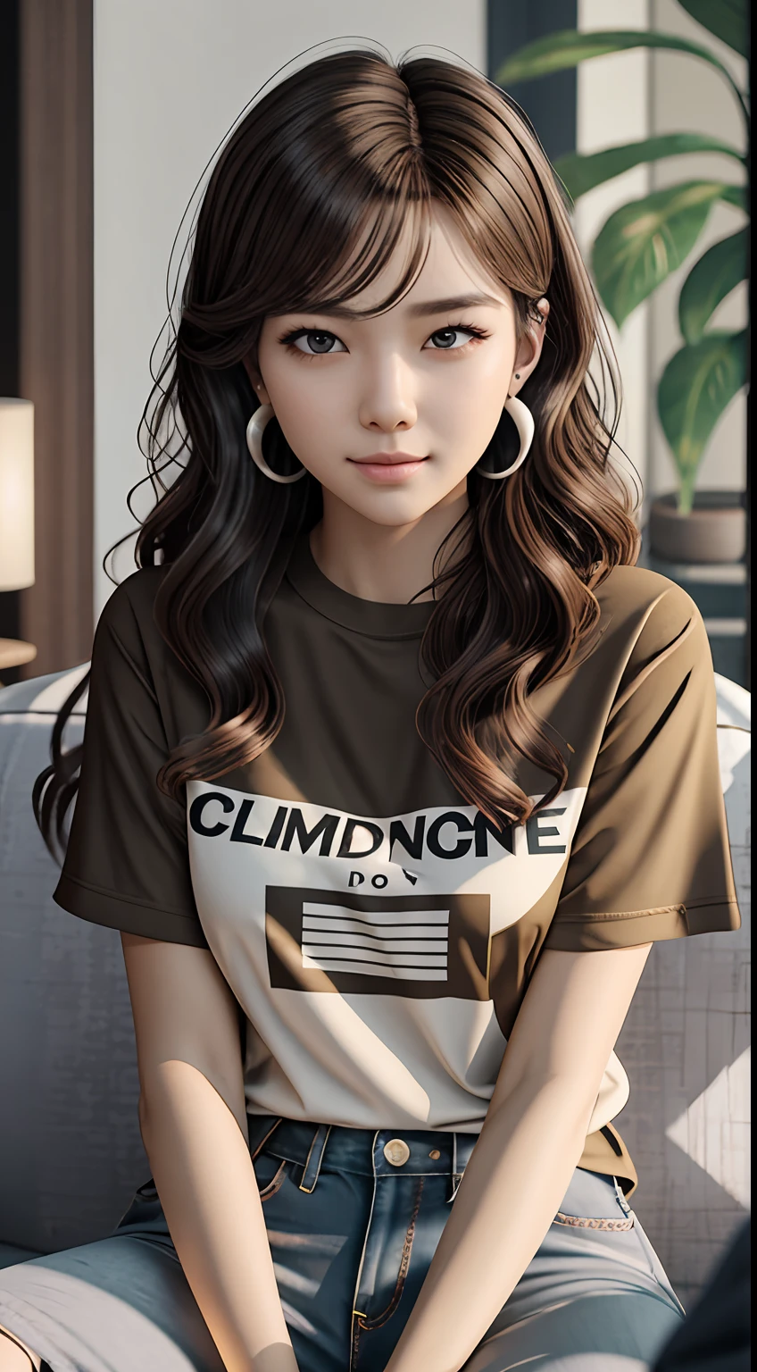 [25-year-old female],[face: round], [eyes: almond eye shape, brown color, thick and curved eyebrow shape], [Nose: Sticky shape, small hole], [Mouth: thick lip shape, Neat teeth], [Chin: Tyre chin shape, Sunken chin], [Hair: Long hairstyle, black color,], [Ears: Small ear shape], [skin: white skin color, Smooth skin texture], [Facial expression: smile], [Activity: Sitting on the sofa in the living room],
[Top clothes: T-shirt, brown color, plaid pattern, delicate texture, casual wear style, folded clothing design, well-maintained clothing condition]
Professional photograph of a stunning woman detailed, cinematic lightning, octane render, unreal engine, volumetrics dtx