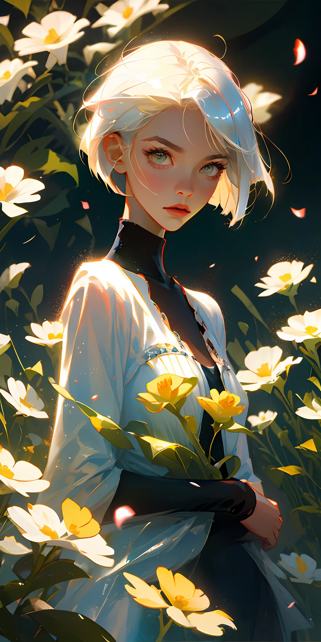 (best quality, masterpiece), 1girl, pose, particle, wind, flower, upper body, simple background, looking at viewer, focus on face, platinum blonde hair, bob cut