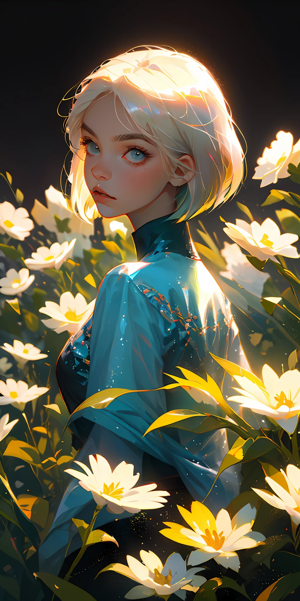 (best quality, masterpiece), 1girl, pose, particle, wind, flower, upper body, simple background, looking at viewer, focus on face, platinum blonde hair, bob cut