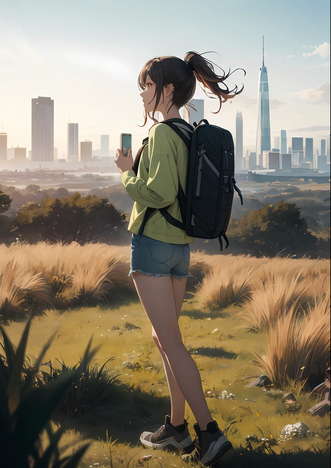 The vast sky, beautiful skyline, large grasslands, extremely tense and dramatic pictures, moving visual effects, the high-hanging Polaris, and colorful natural light. Long-sleeved top, denim shorts, and a girl with a backpack.