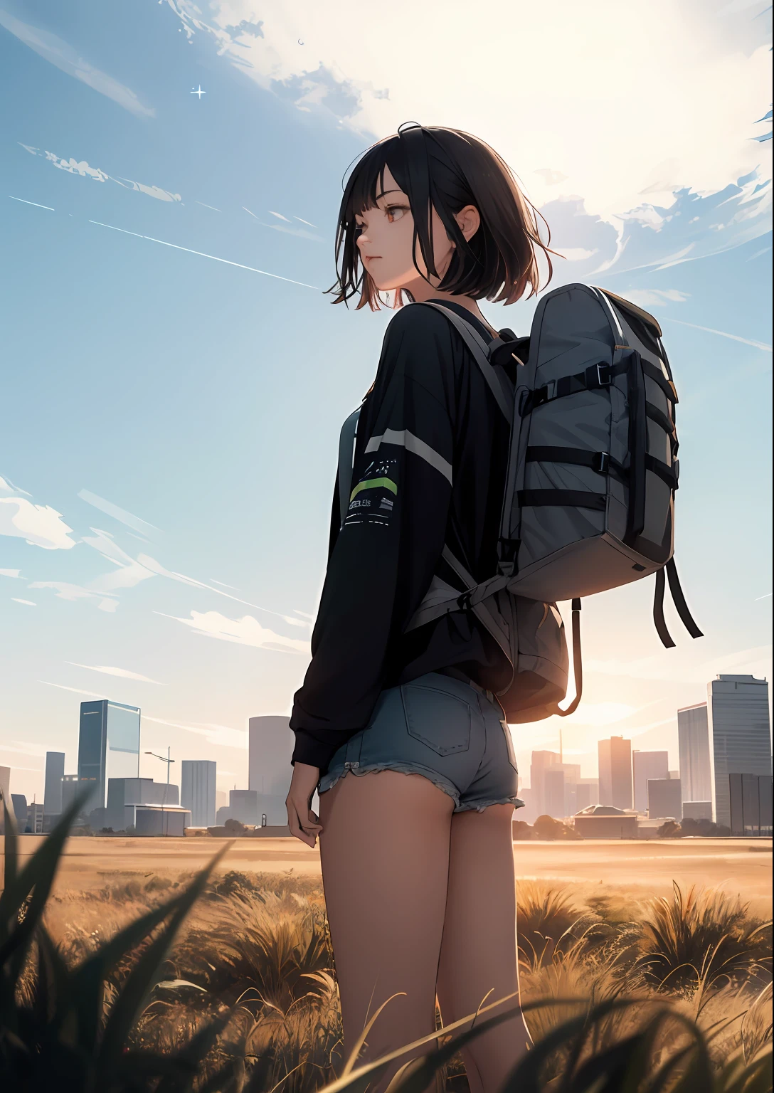 The vast sky, beautiful skyline, large grasslands, extremely tense and dramatic pictures, moving visual effects, the high-hanging Polaris, and colorful natural light. Long-sleeved top, denim shorts, and a girl with a backpack.