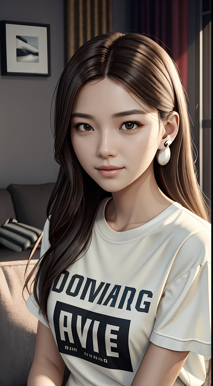 [25-year-old female],[face: round], [eyes: almond eye shape, brown color, thick and curved eyebrow shape], [Nose: Sticky shape, small hole], [Mouth: thick lip shape, Neat teeth], [Chin: Tyre chin shape, Sunken chin], [Hair: Long hairstyle, black color,], [Ears: Small ear shape], [skin: white skin color, Smooth skin texture], [Facial expression: smile], [Activity: Sitting on the sofa in the living room],
[Top clothes: T-shirt, brown color, plaid pattern, delicate texture, casual wear style, folded clothing design, well-maintained clothing condition]
Professional photograph of a stunning woman detailed, cinematic lightning, octane render, unreal engine, volumetrics dtx