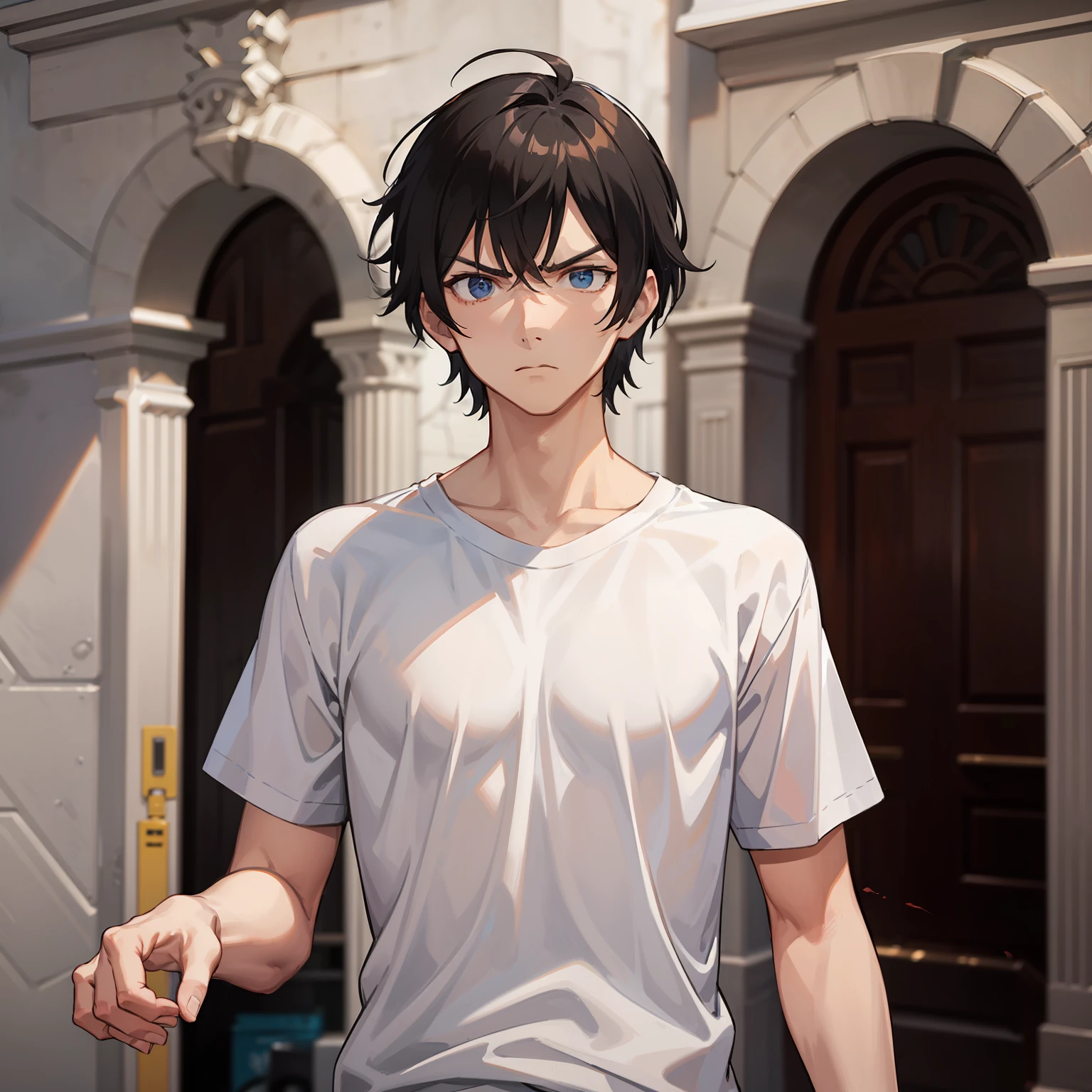 A man in a white T-shirt, black hair, with an angry expression
