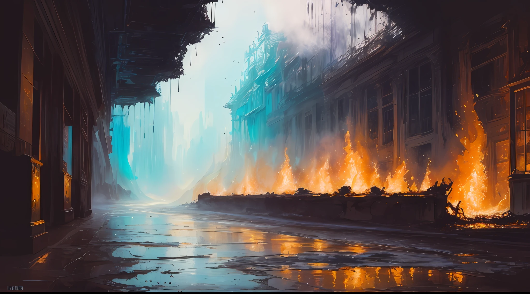 extremely stressed anime dog:human, drinking coffee in a building on fire in the background, masterful playing card border, random Colorful art, oil painting, blue yellow colors, light purple and violet additions, light red additions, intricate detail, splash screen, 8k resolution, masterpiece, artstation digital painting smooth veryBlack ink flow: 8k resolution photorealistic masterpiece: intricately detailed fluid gouache painting: by Jean Baptiste Mongue: calligraphy: acrylic: watercolor art, professional photography, natural lighting, volumetric lighting maximalist photoillustration: by marton bobzert:, complex, elegant, expansive, fantastical, vibrant