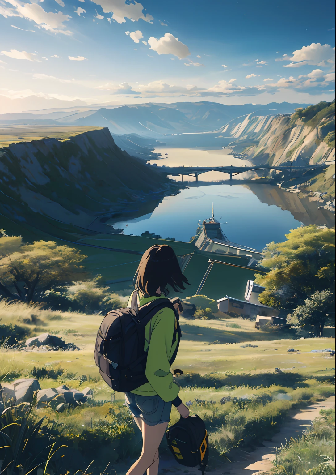 The vast sky, beautiful skyline, large grasslands, extremely tense and dramatic pictures, moving visual effects, the high-hanging Polaris, and colorful natural light. Long-sleeved top, denim shorts, and a girl with a backpack.