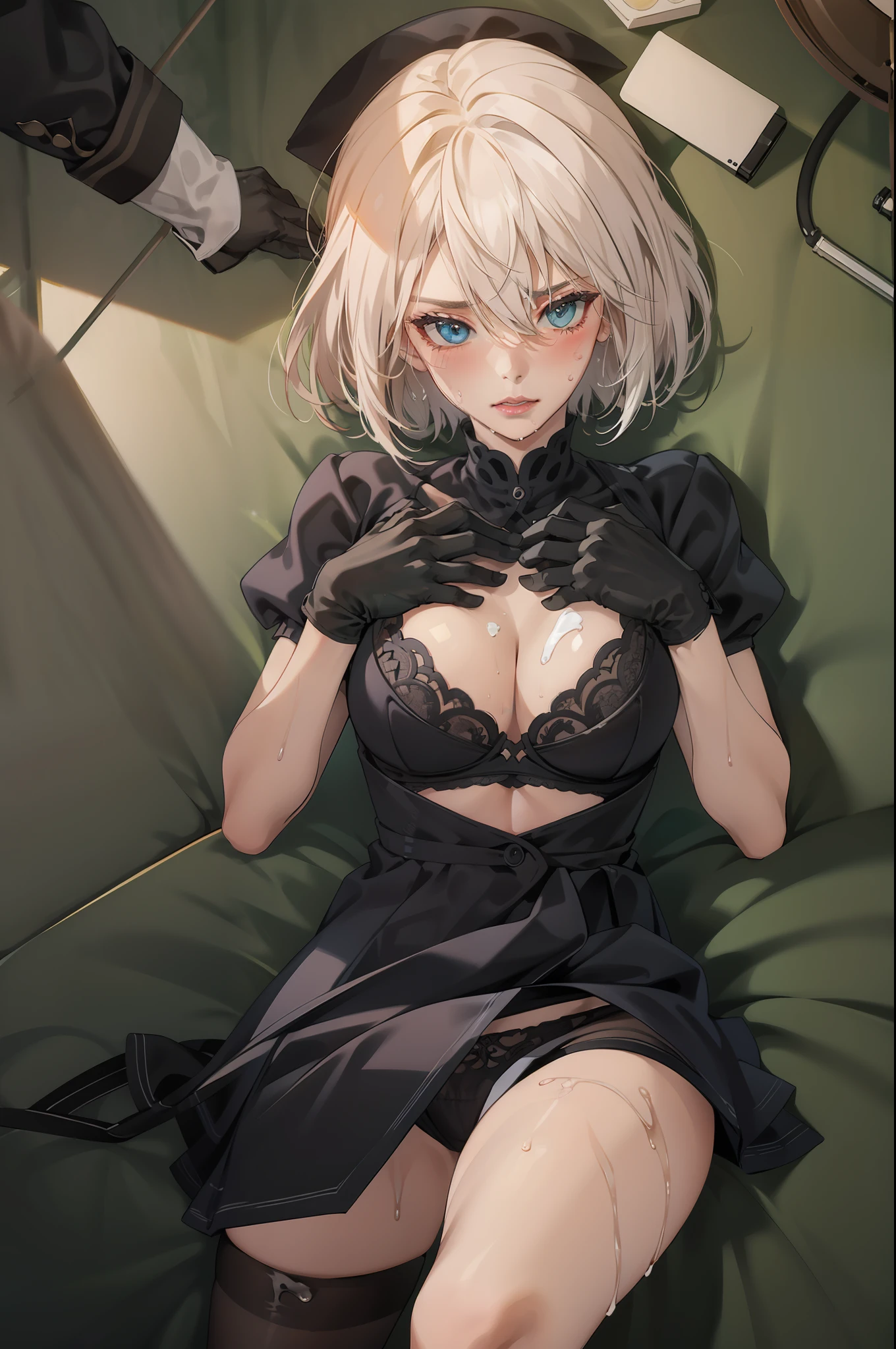 masterpiece, ultra high definition, young woman, alone, exposed cleavage, soft breasts, overflowing sperm, legs open, crotch open, knee open, embarrassing, blush, masturbation, misaligned bra, sweaty, wet underwear, masturbation, sperm taken, hands inside underwear, mucus, glaring, stockings, lying down, street, black clothes, night, gloves