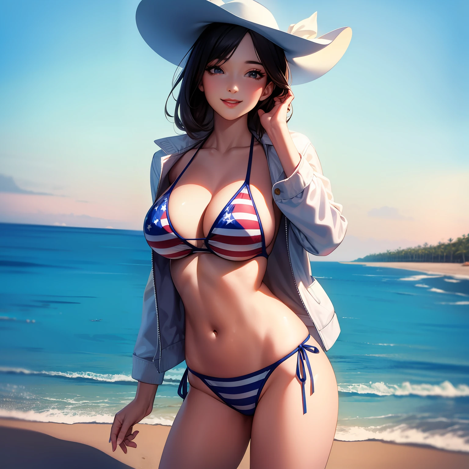 masterpiece, best quality, highres, nm1, swimsuit, american flag bikini,white jacket, cowboy shot, standing, smile, beach