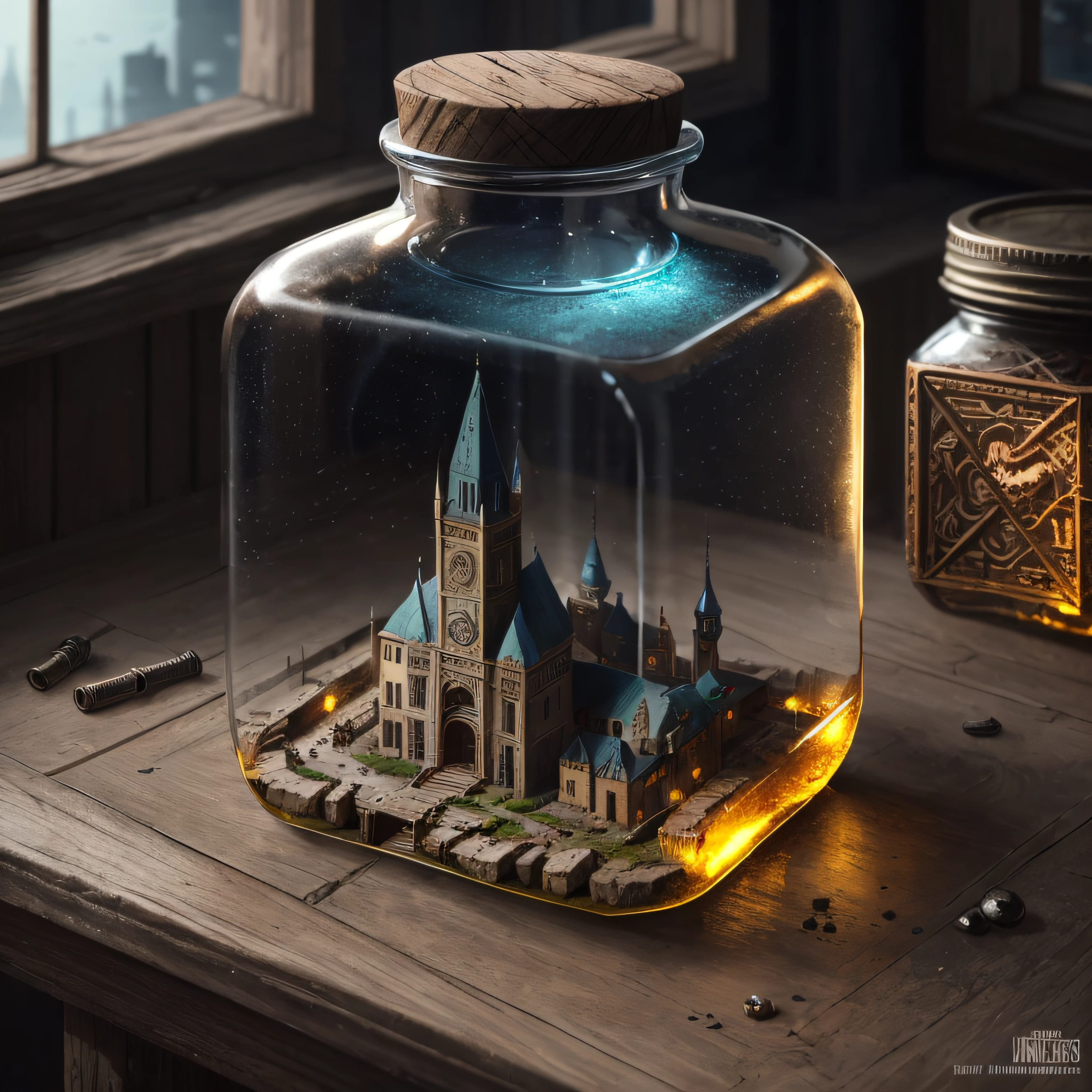 a medieval city tucked inside a square glass jar with lid, placing on the windowsill, extremely detailed, 8K, apocalyptic punk style, miniatures, macro photography in close-up --auto