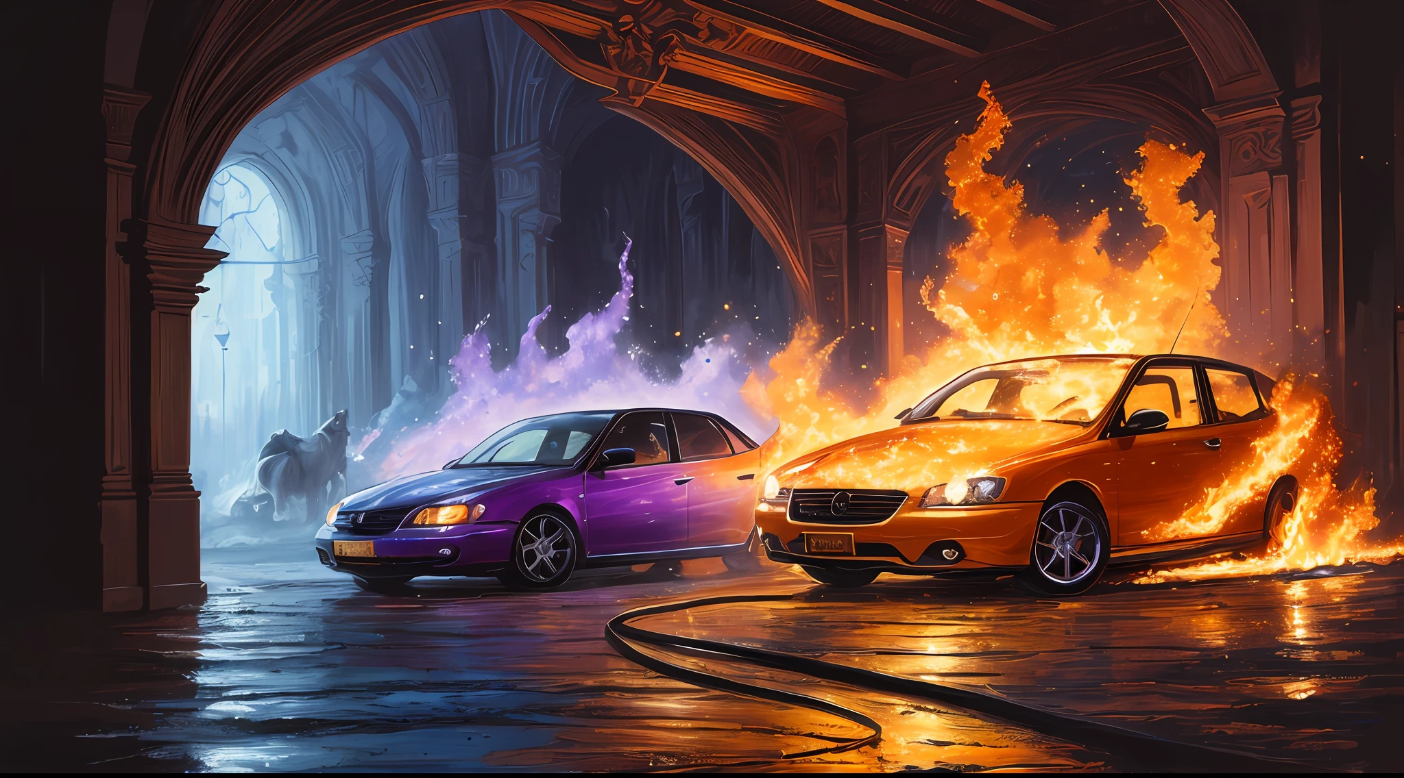 extremely stressed anime dog:human, drinking coffee in a building on fire in the background, masterful playing card border, random Colorful art, oil painting, blue yellow colors, light purple and violet additions, light red additions, intricate detail, splash screen, 8k resolution, masterpiece, artstation digital painting smooth veryBlack ink flow: 8k resolution photorealistic masterpiece: intricately detailed fluid gouache painting: by Jean Baptiste Mongue: calligraphy: acrylic: watercolor art, professional photography, natural lighting, volumetric lighting maximalist photoillustration: by marton bobzert:, complex, elegant, expansive, fantastical, vibrant