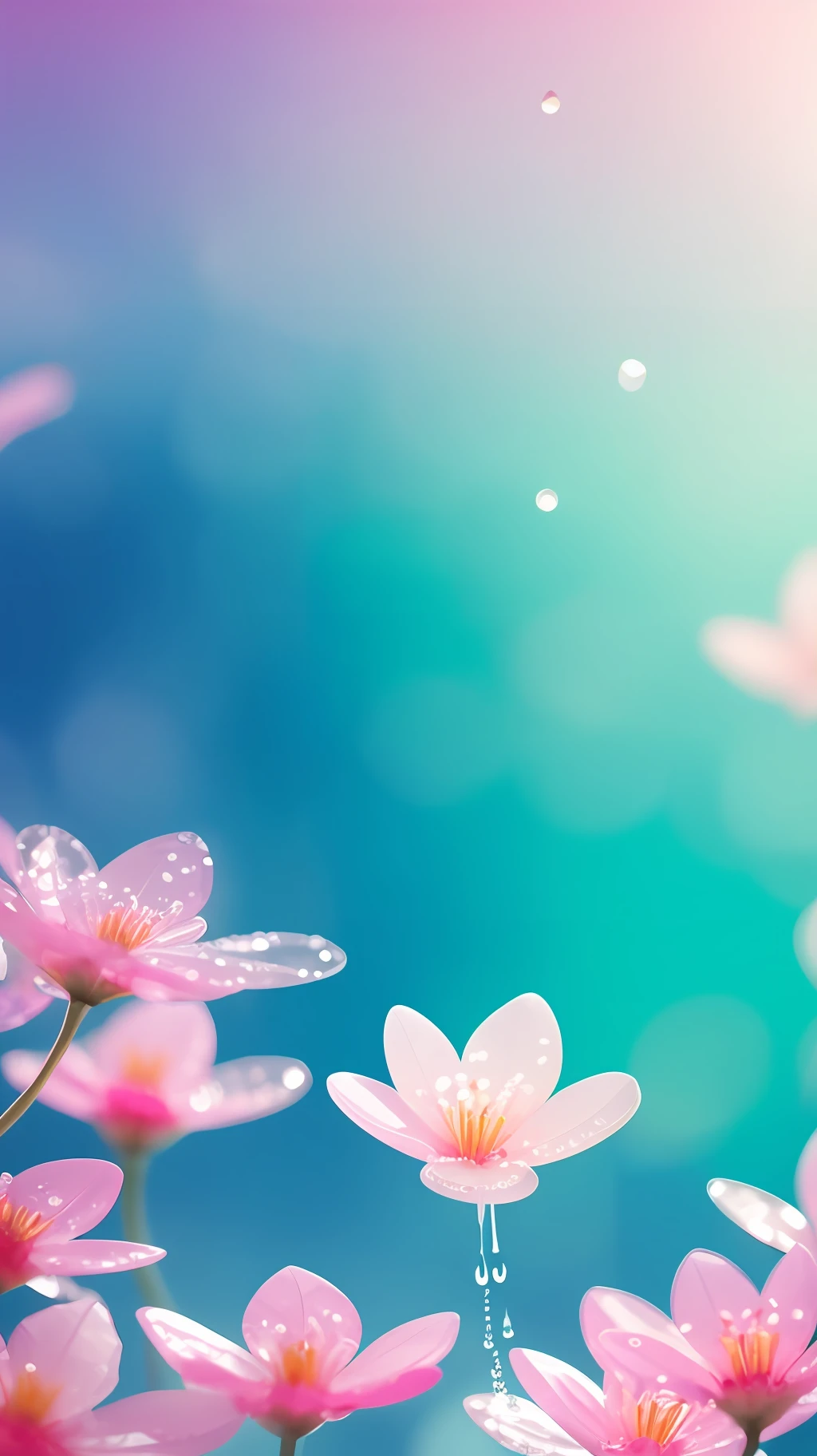 Crystal spring flower,Pink white gradient,water drop,Fantastical, galaxies, Transparent,, Pink white gradient,water drop,Light blue leaves,Sparkle, Sparkle, brilliance, Water,colorful,, Magical photography of light blue leaves, dramatic illumination, Photo realism, Ultra detailed, 4k, depthoffield, high resolusion