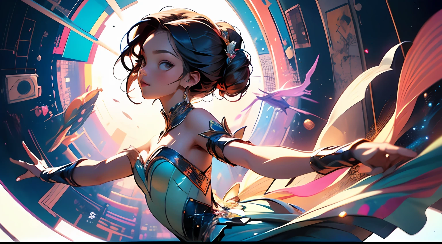 1girl, beautiful detailed face and eyes, COLORFUL hair, ballerina, arabesque, minimalism, side view, dark blue background, simple background, fisheye, masterpiece, highest quality, highest quality, official art, beautiful and aesthetic, lift ass, colorful ballerina outfit, dynamic poses