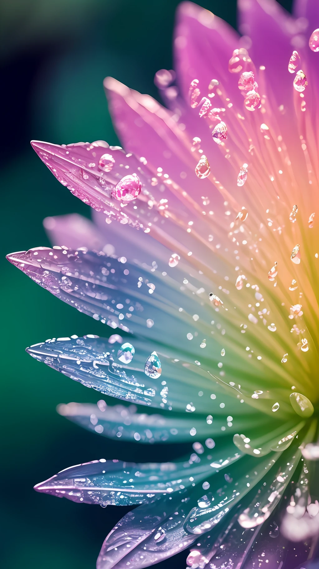Crystal spring flower，Pink white gradient，water drop，Fantastical, galaxies, Transparent,, Pink white gradient，water drop，Light blue leaves，Sparkle, Sparkle, brilliance, Water，colorful，, Magical photography of light blue leaves, dramatic illumination, Photo realism, Ultra detailed, 4k, depthoffield, high resolusion