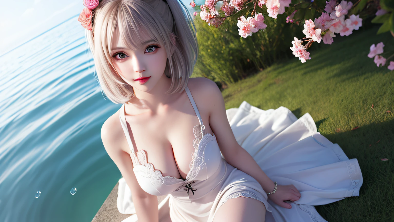 (8k, RAW photos: 1.2), highest quality, ultra high resolution, (((cleavage coordination from head to waist)), dramatic angles, (pink petals fluttering), (illustration), (1 girl))), (short hair bob), (transparent white sheer lace dress)), beautiful face (silver hair, blue eyes), (bright lip gloss, long eyelashes, smooth) face, bright skin, Natural Shadows, Wide Light, Wide Light, Depth of Field, Strong Colors, Subtle Caustics: 0.8), Smile, (Rain: 0.9), Behind the Girl, Hanazono, (Focus), (((Sit on the Surface of the Water)), (Color Splash), Colorful Splash, ((Colorful))), (Sketch: 0.8), Masterpiece, Best Quality, Beautifully Painted, Highly Detailed, (Denoise: 0.6), [ Splash Ink], (Ink Refraction)), (Beautiful Detailed Sky), Highly Detailed, (Masterpiece, Best Quality, Highly Detailed) CG Unity 8k Wallpaper, Masterpiece, Best Quality, Super Detail), (Lycoris radiata) Woman in white top and panties on bed, Gwise style artwork dressed in white, trending on CGSTATION, April rendering, [4K Digital Art]!, Smooth Anime CG Art, Fan Art Best Art Station, Photorealistic Anime Girl Rendering, Realistic Art Style, Photorealistic Perfect Body, Anime Barbie in White Stockings