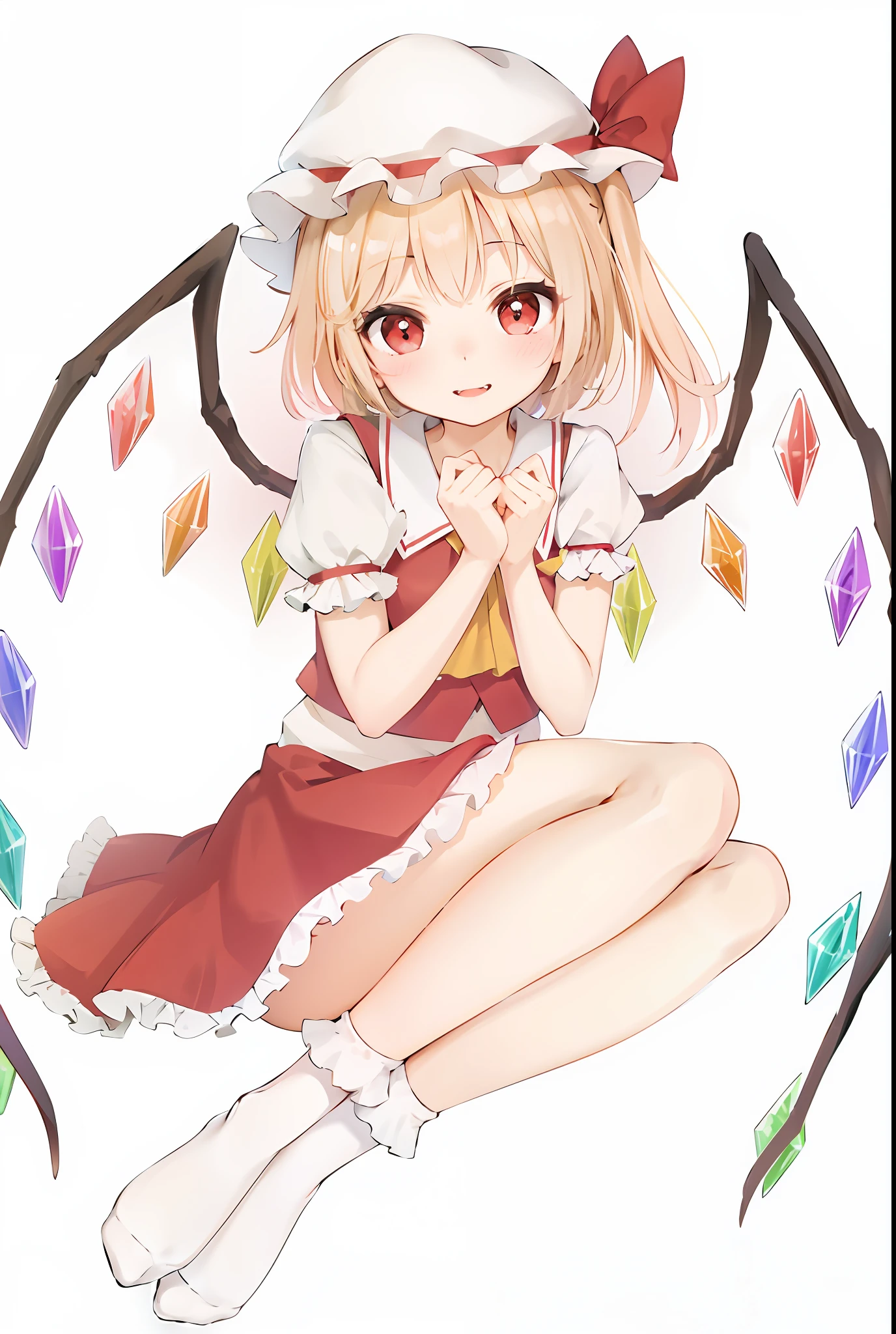 Best Quality, Ultra High Resolution, 1 Girl, Solo, Flemish Crimson, White Soft Hat, Red Hat Bow, Blonde Hair, Side Ponytail, Red Eyes, Shining Eyes, Fangs, Red Vest, Short Sleeves, Fluffy Sleeves, Yellow Ascot, Red Frills Skirt, (Crystal Wings:1.2), Bobby Socks, Mary Janes, Red Shoes, Laugh, (((cute smile)), Looking at viewer, Front-facing, Upper body, Portrait,