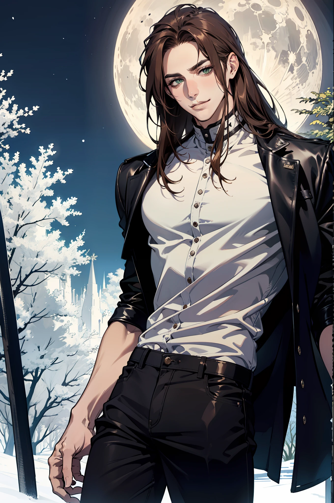 (absurdres, highres, ultra detailed), 1man, 30 years old man, adult man, handsome, tall,, finely detailed eyes and detailed face, black leather pants, white shirt, night, smile, dutch angle, ((long hair, brown hair)), moon, forest, bad boy, gothic, dark, looking at the view, pale skin, green detailed eyes, eyeliner, (masculine), sexy, smirk, seductive, slightly muscular, very attractive, flirtatious, mature, ((adult mature face)), medium large shoot, (MLS), conceited, egocentric