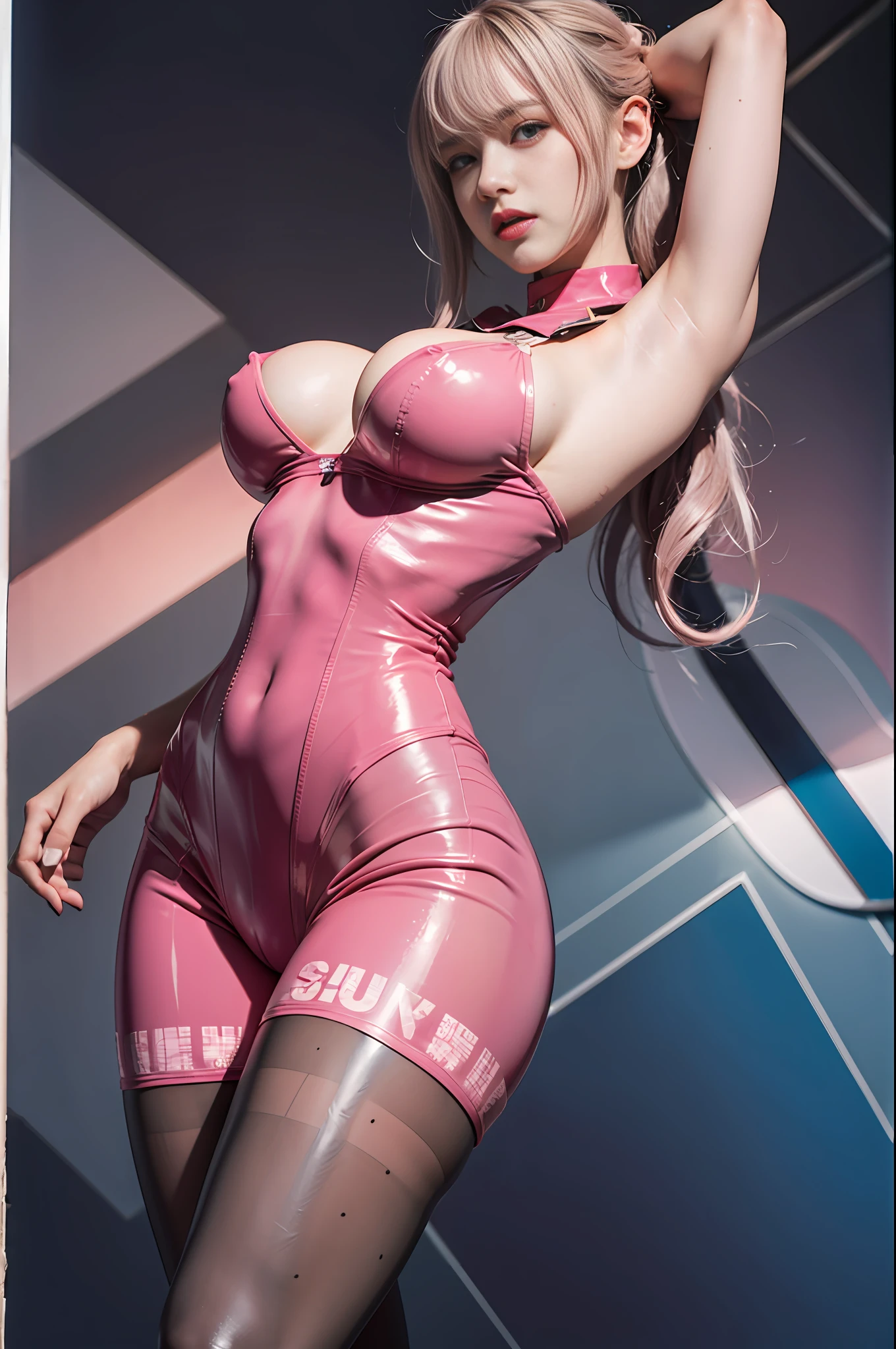 Cowboy shot, anatomically correct, textured skin, 1080P,
,,1 girl,18 years old,,No top,
Pink latex tights, big breasts, (transparent clothes: 0.8),