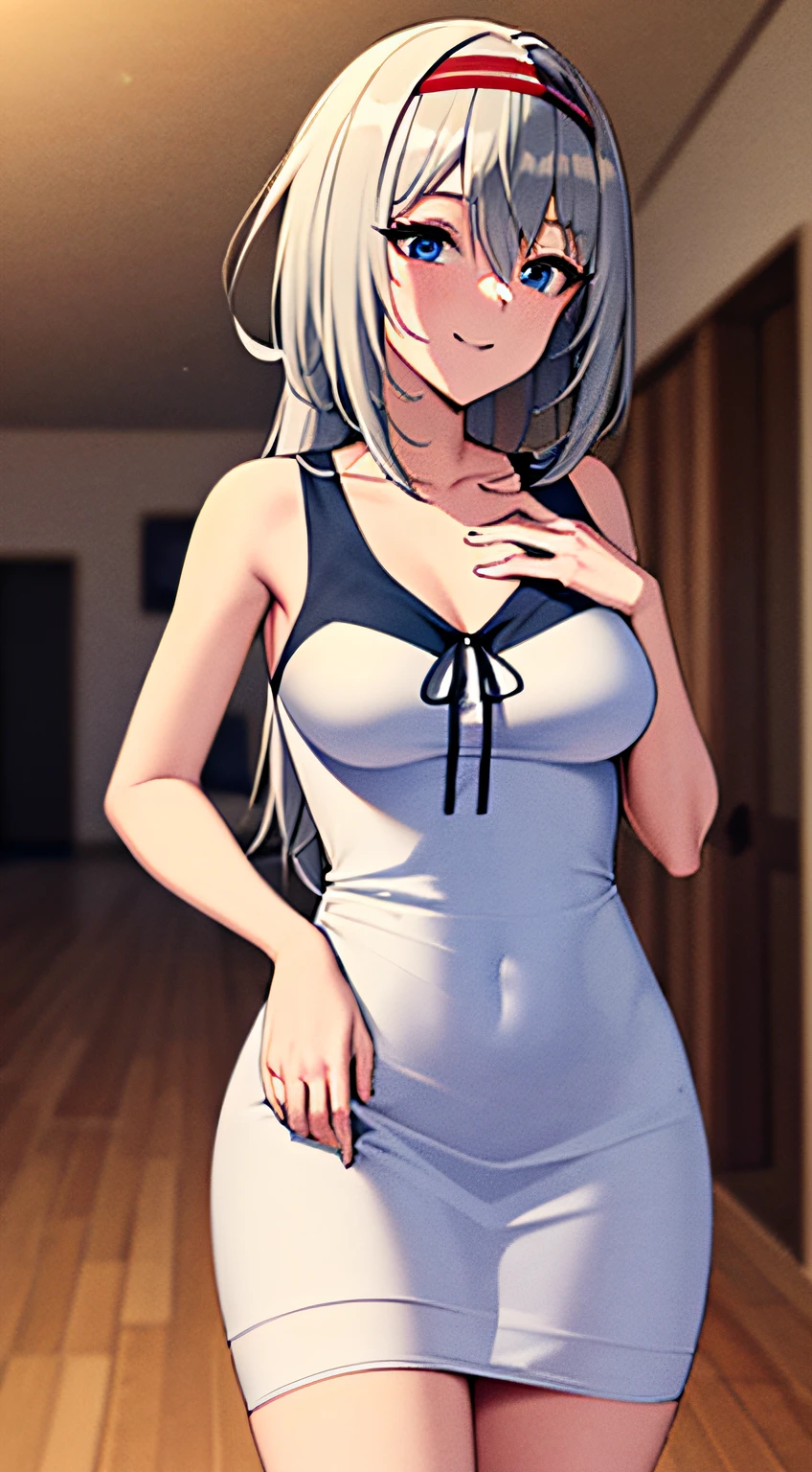 ((masterpiece)), ((best quality)), highres, kei1, 1girl, solo, blue eyes, long hair, ((wears a red Venezuelan gala dress)) , (ribbon), (bangs), collarbone, (gray hair), black hair band, neck ribbon, hair between eyes, medium breasts, cowboy shot, smile, (anatomically correct full body), this inside a Venezuelan house, detailed full escenario