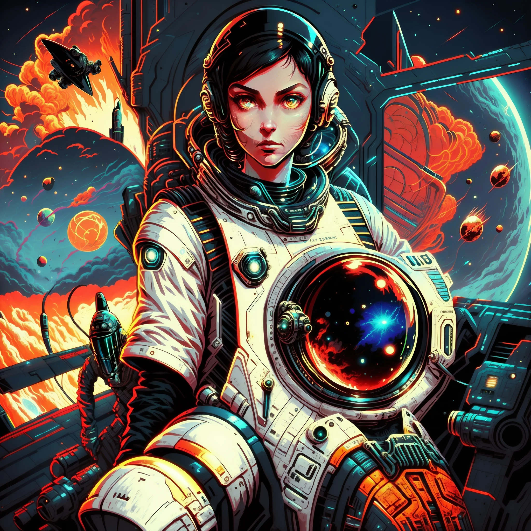 Black anime man in spacesuit sitting on a spaceship with a spaceship in the background, anime portrait girl space cadet, powerful woman sitting in space, armored portrait astronaut girl, girl in space, sci-fi illustrations, sci-fi illustrations, jen bartel, sci-fi digital art illustration, detailed sci-fi art, beautiful woman in space suit, sci-fi illustration