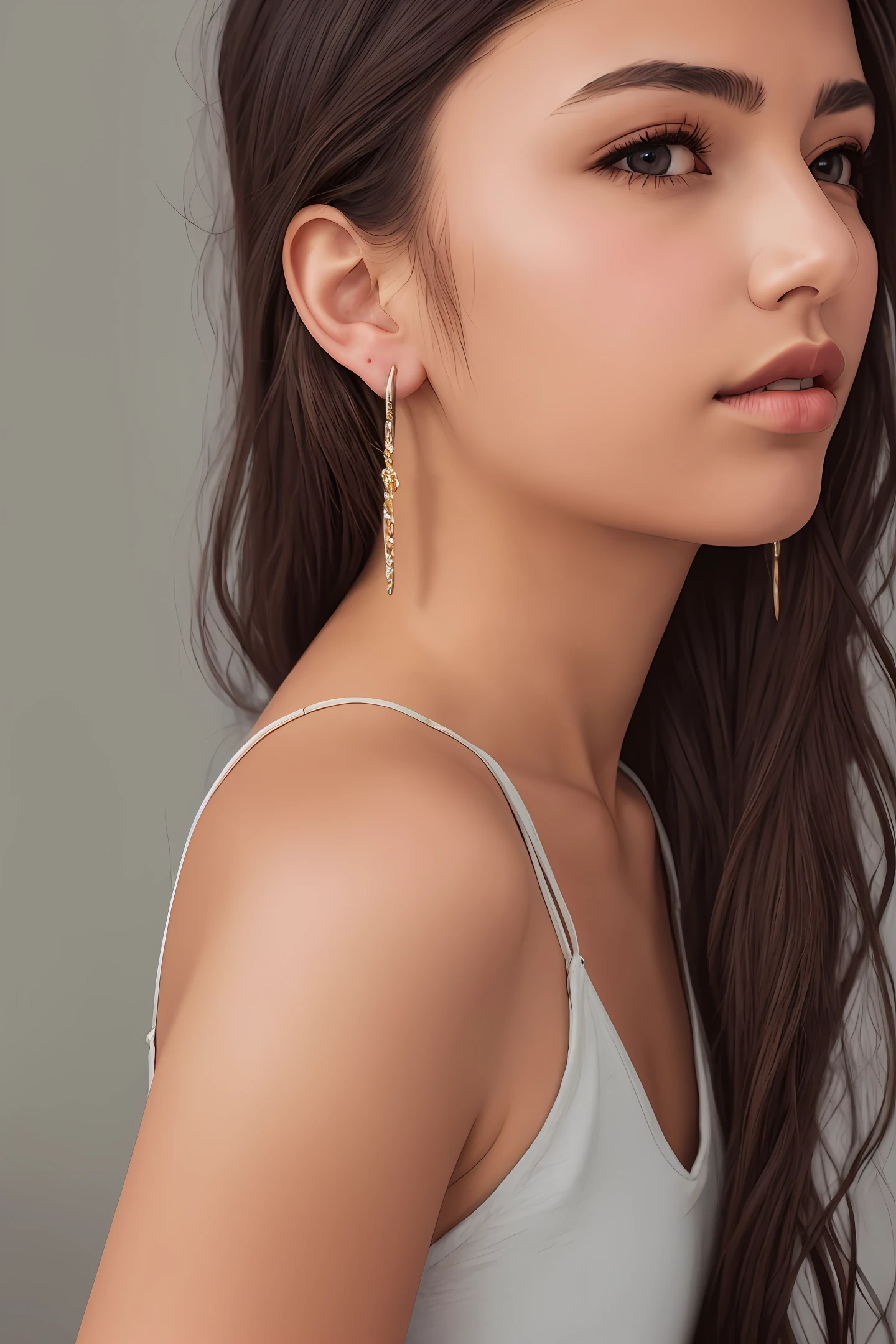 1girl, earrings, solo, jewelry, long_hair, lips, realistic, brown_eyes