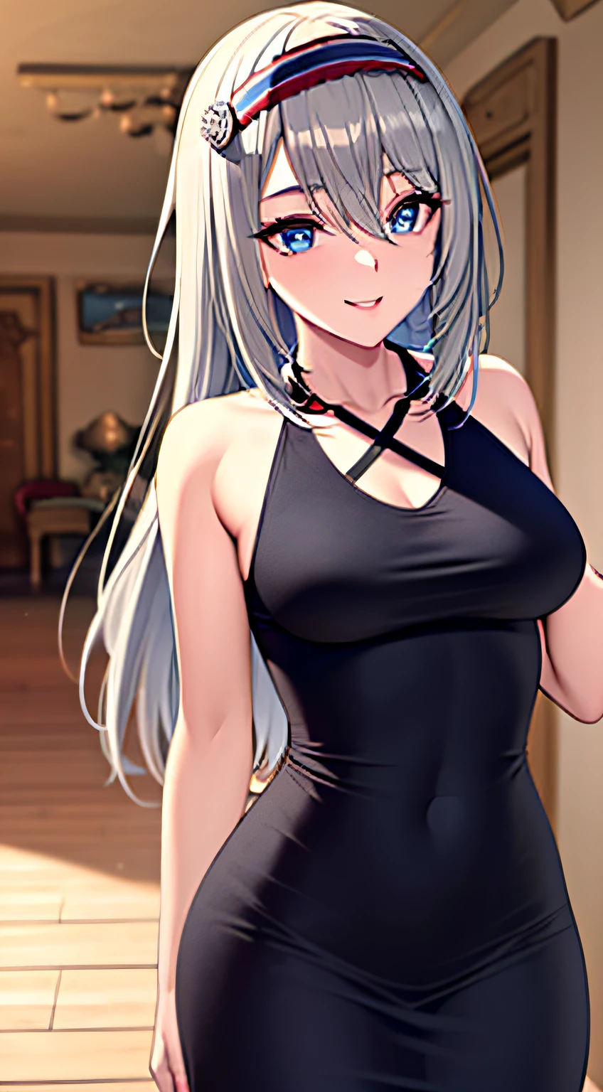 ((masterpiece)), ((best quality)), highres, kei1, 1girl, solo, blue eyes, long hair, ((wears a red Venezuelan gala dress)) , (ribbon), (bangs), collarbone, (gray hair), black hair band, neck ribbon, hair between eyes, medium breasts, cowboy shot, smile, (anatomically correct full body), this inside a Venezuelan house, detailed full escenario