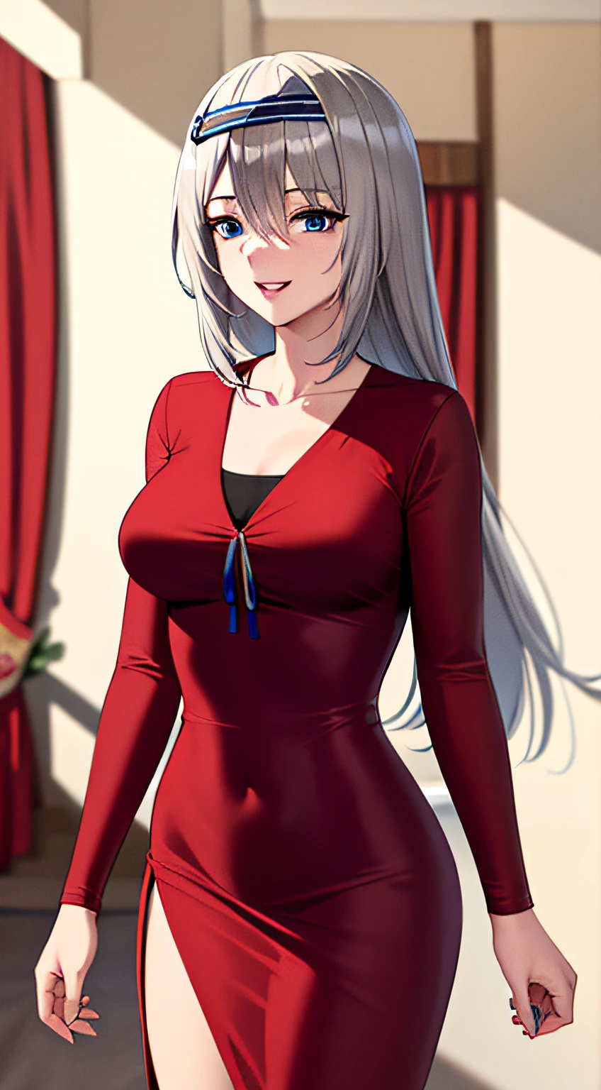 ((masterpiece)), ((best quality)), highres, kei1, 1girl, solo, blue eyes, long hair, ((wears a red Venezuelan gala dress)) , (ribbon), (bangs), collarbone, (gray hair), black hair band, neck ribbon, hair between eyes, medium breasts, cowboy shot, smile, (anatomically correct full body), this inside a Venezuelan house, detailed full escenario