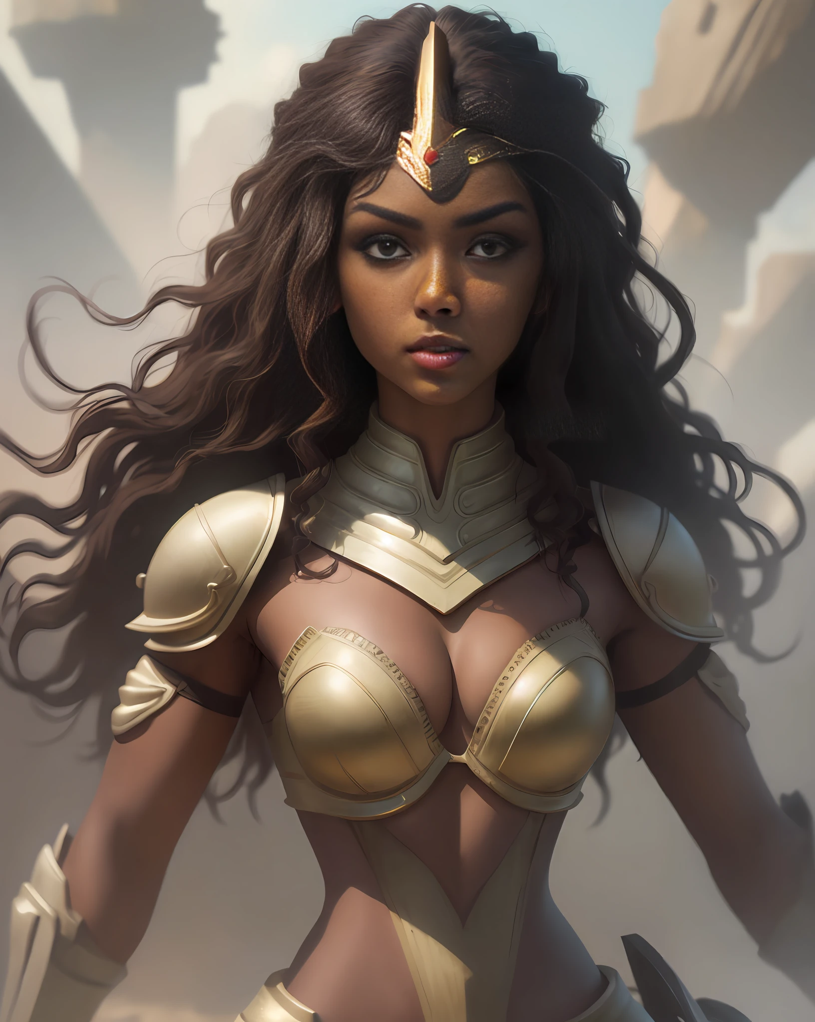 (best quality, masterpiece), A beautiful brown woman, futuristic armor, black curly hair, black eyes, futuristic war background, backlit, rimlight, perfect composition, raudha athif,