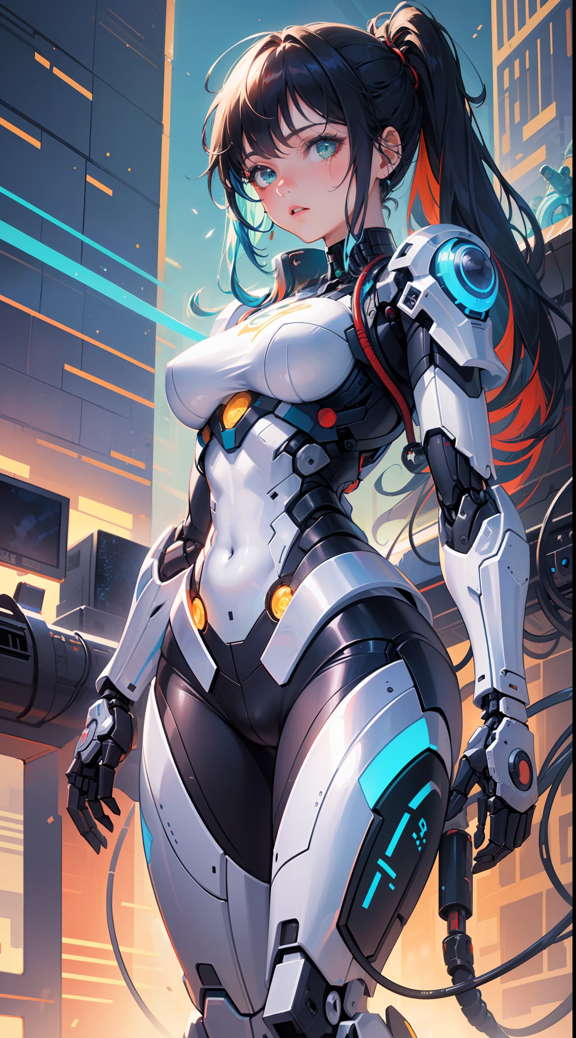 science fiction, (masterpiece, best quality, ultra detailed), ((multicolored hair, black hair, blue hair)), green eyes, suffering, (1girl:1.6), dynamic streaks, vibrant colors,  technology, manga influence, comic, gun, mechagirl, full armour, cables, extreme detailed wallpaper, ((mechanical limbs)), expressionless, biomechanical, mecha