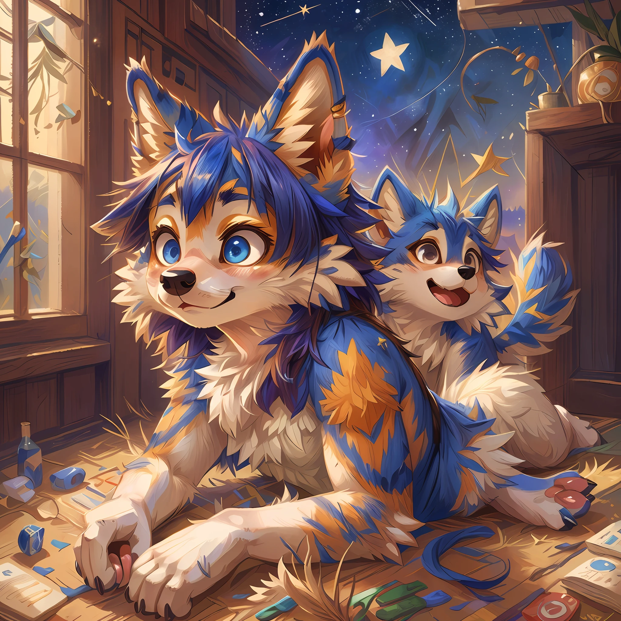 High-quality illustrations, The Starry Night by Pablo Ruiz Picasso, by Johannes Vermeer(highly detailed beautiful face and eyes)absurdres, perfect anatomy(angelic cute 1girl, kemono, solo focus)(furry)(furry anthro:1.7)(Furry body, dog facial features, dog body features)(very detailed body fur)full body, dynamic pose,